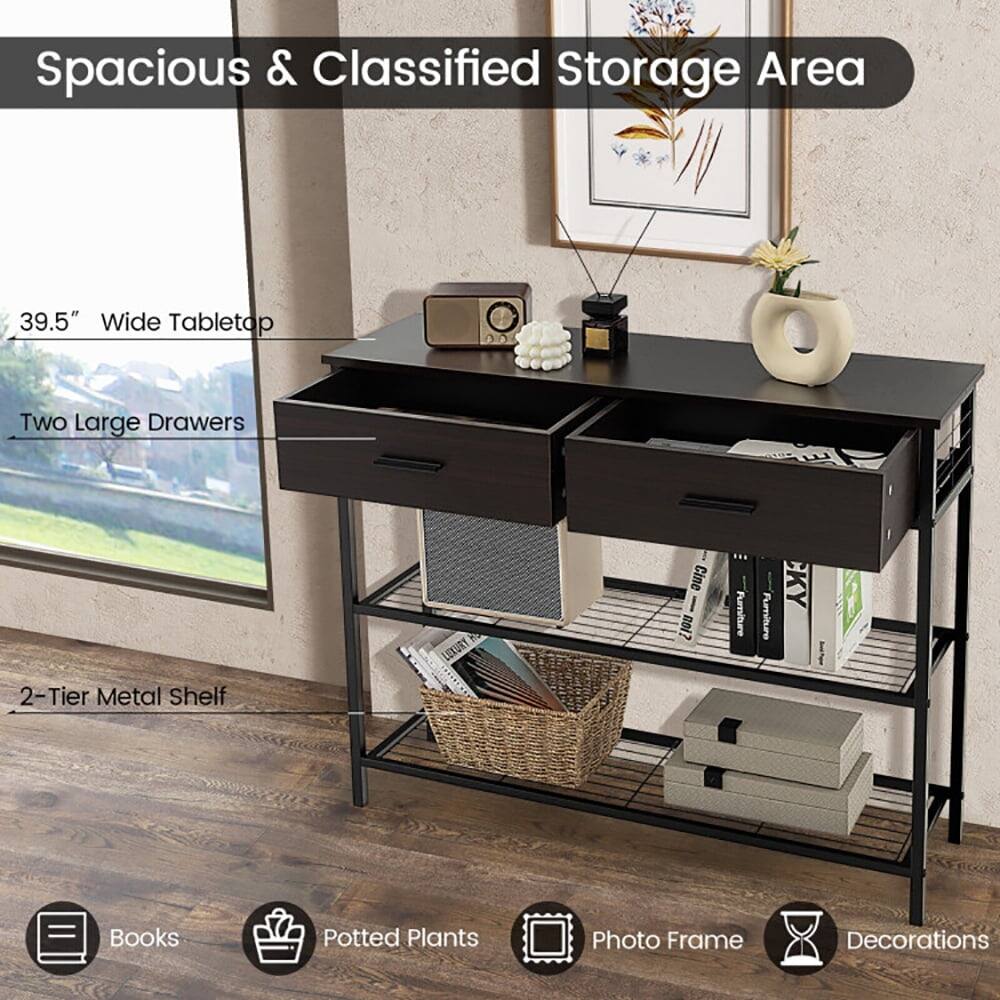 Spacious & Classified Storage Area  
39.5" Wide Tabletop  
Two Large Drawers  
2-Tier Metal Shelf  

Books  
Potted Plants  
Photo Frame  
Decorations