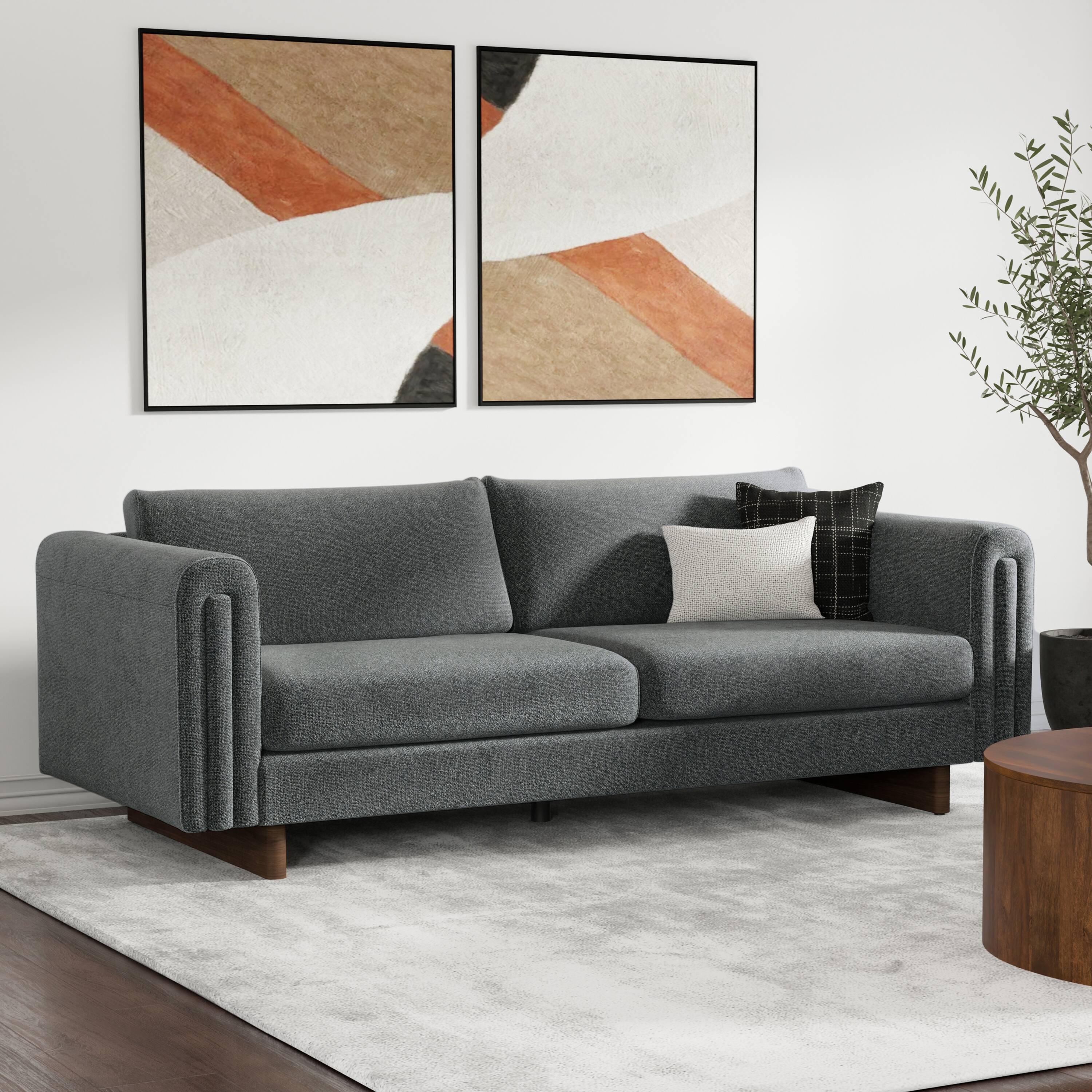 Angle. Simpli Home - Jones 84 inch Wide Contemporary Sofa in Dark Grey Tightly Woven Performance Fabric - Dark Grey.