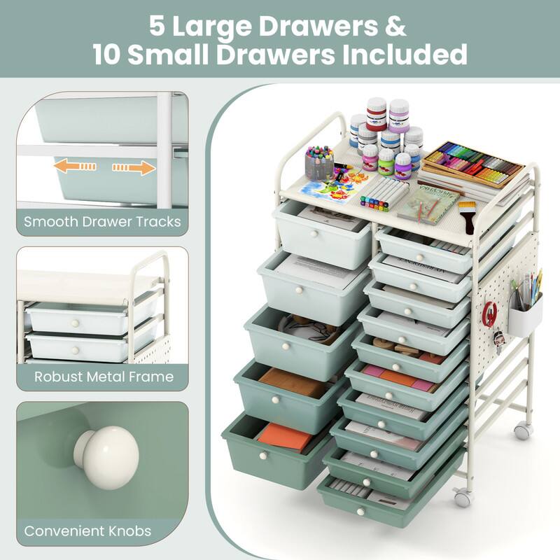 5 Large Drawers & 10 Small Drawers Included  
Smooth Drawer Tracks  
Robust Metal Frame  
Convenient Knobs