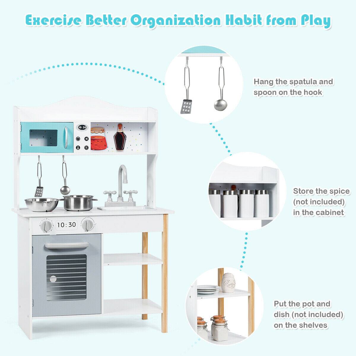 Exercise Better Organization Habit from Play

1. Hang the spatula and spoon on the hook
2. Store the spice (not included) in the cabinet
3. Put the pot and dish (not included) on the shelves