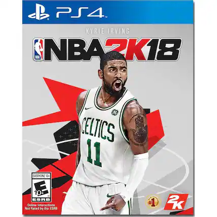 NBA 2K18 is a basketball video game for the PlayStation 4 console, featuring Kyrie Irving on the cover. The game is rated E for Everyone and has online interactions that are not rated by the ESRB. The game is part of the NBA 2K series and is developed by 2K Sports. - E10+ (Everyone 10+)