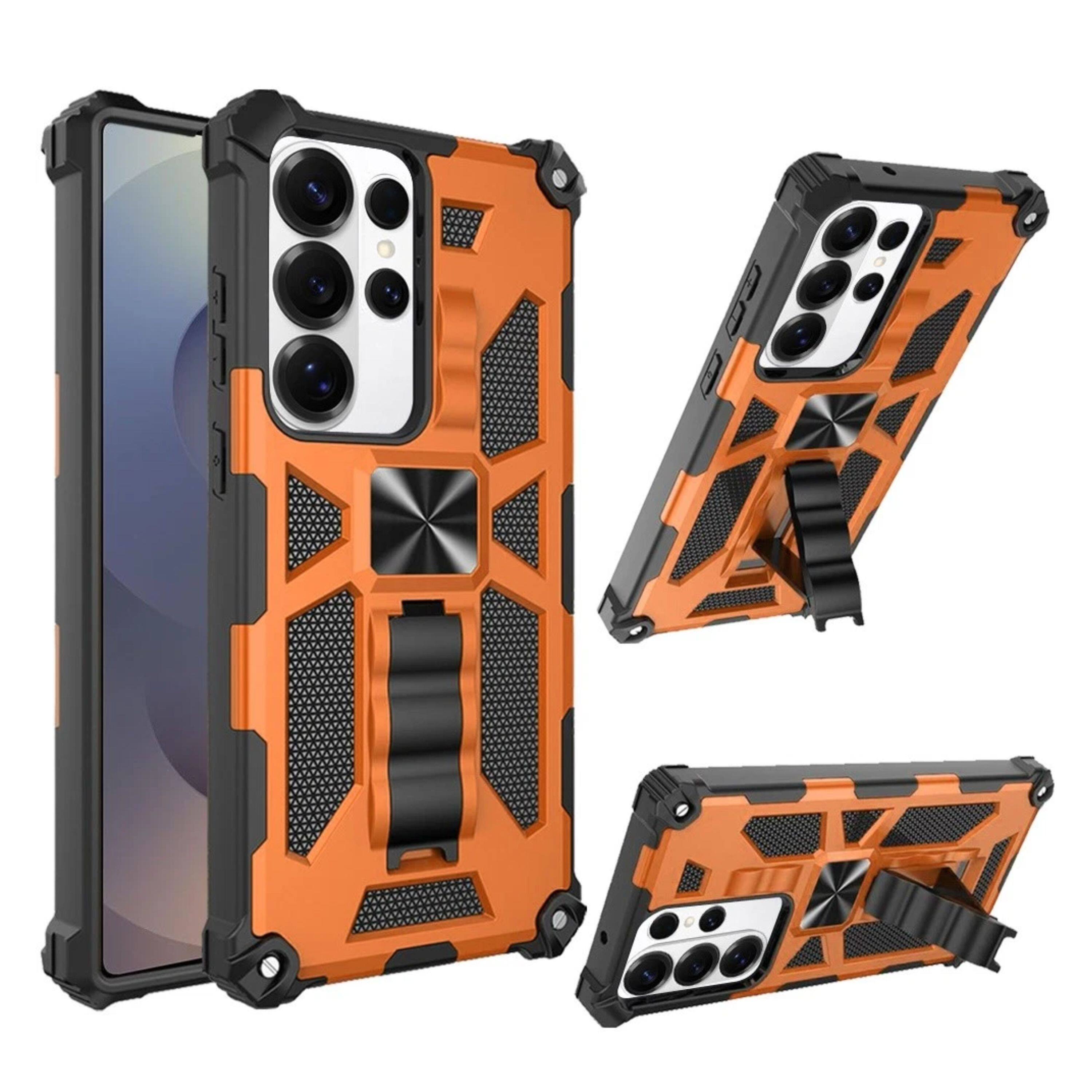 Angle. Kitcheniva - Shockproof Modern Stand Metal Plate Phone Case With Tempered Glass For Samsung S25 Ultra - Cosmic Orange.