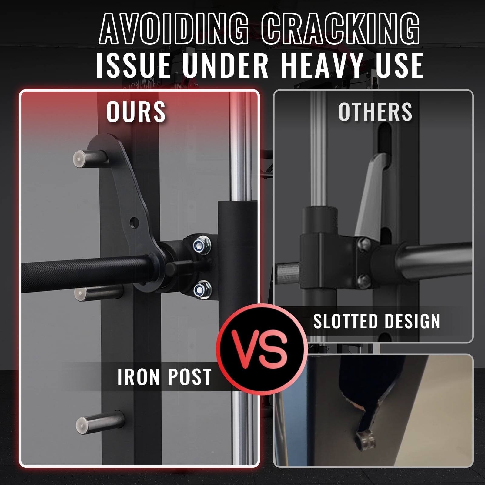 AVOIDING CRACKING ISSUE UNDER HEAVY USE

OURS
IRON POST

VS

OTHERS
SLOTTED DESIGN