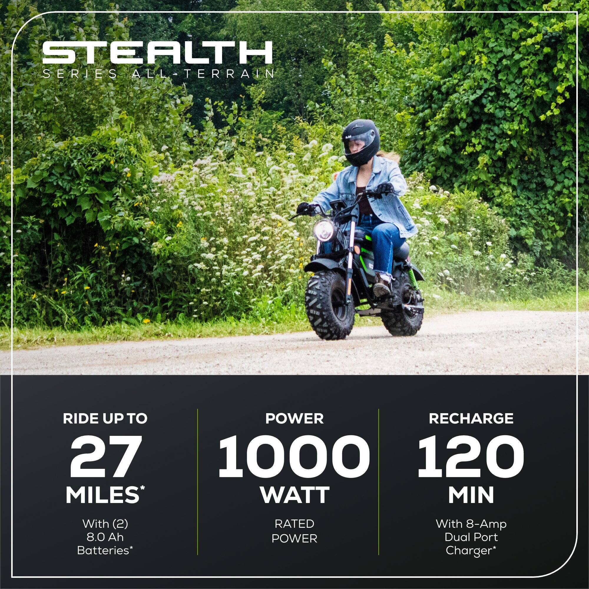 STEALTH SERIES ALL-TERRAIN ALL RIDE UP TO 27 MILES* WITH (2) 8.0 Ah BATTERIES POWER RECHARGE 1000 120 WATT MIN RATED WITH 8-Amp POWER DUAL PORT CHARGER*