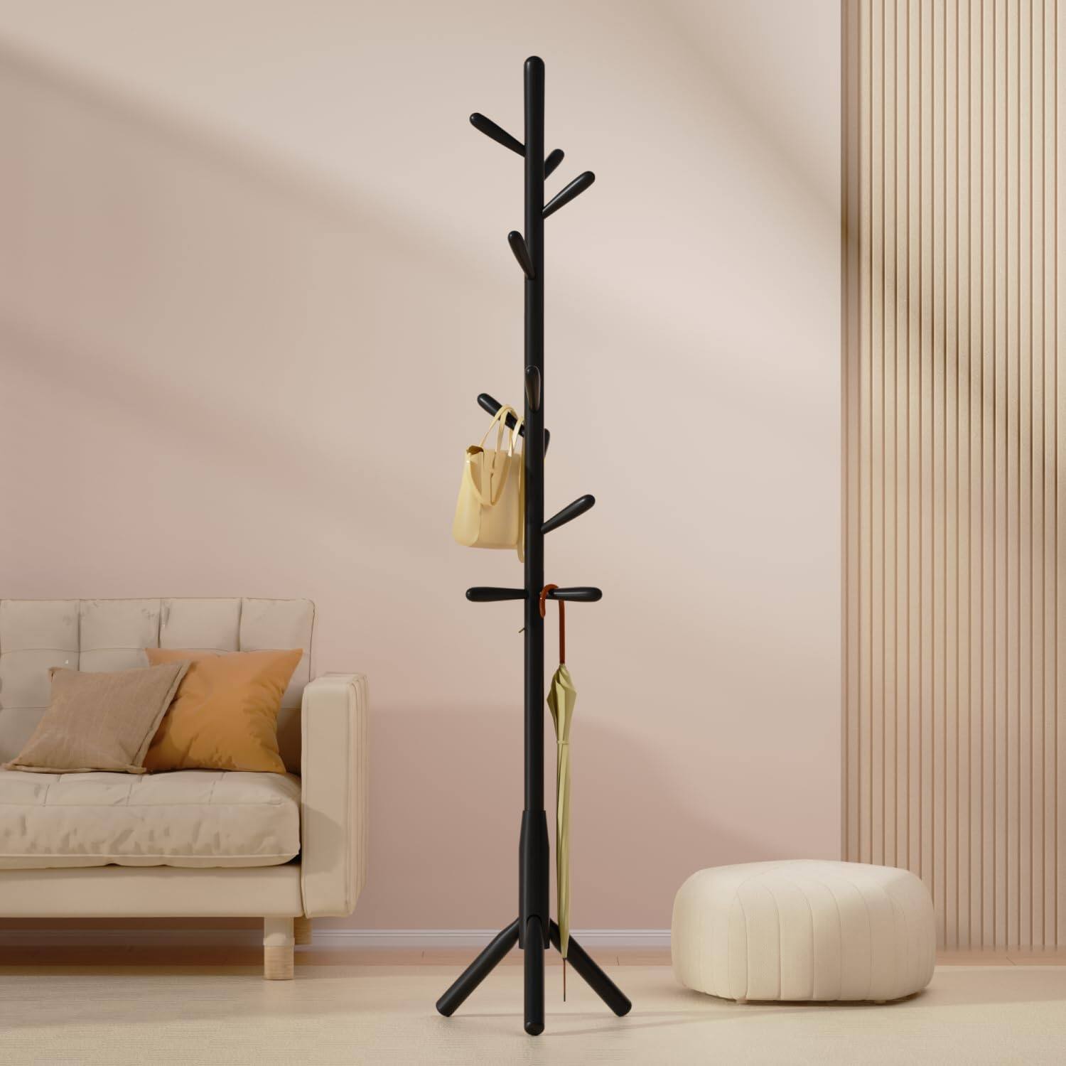 Alt View 1. HM 1810 - Solid Wood Coat Rack Freestanding Tree-shaped With Main Pole 1 6 Dia For Clothes Hat Stand In... - Black 3-Leg Base.