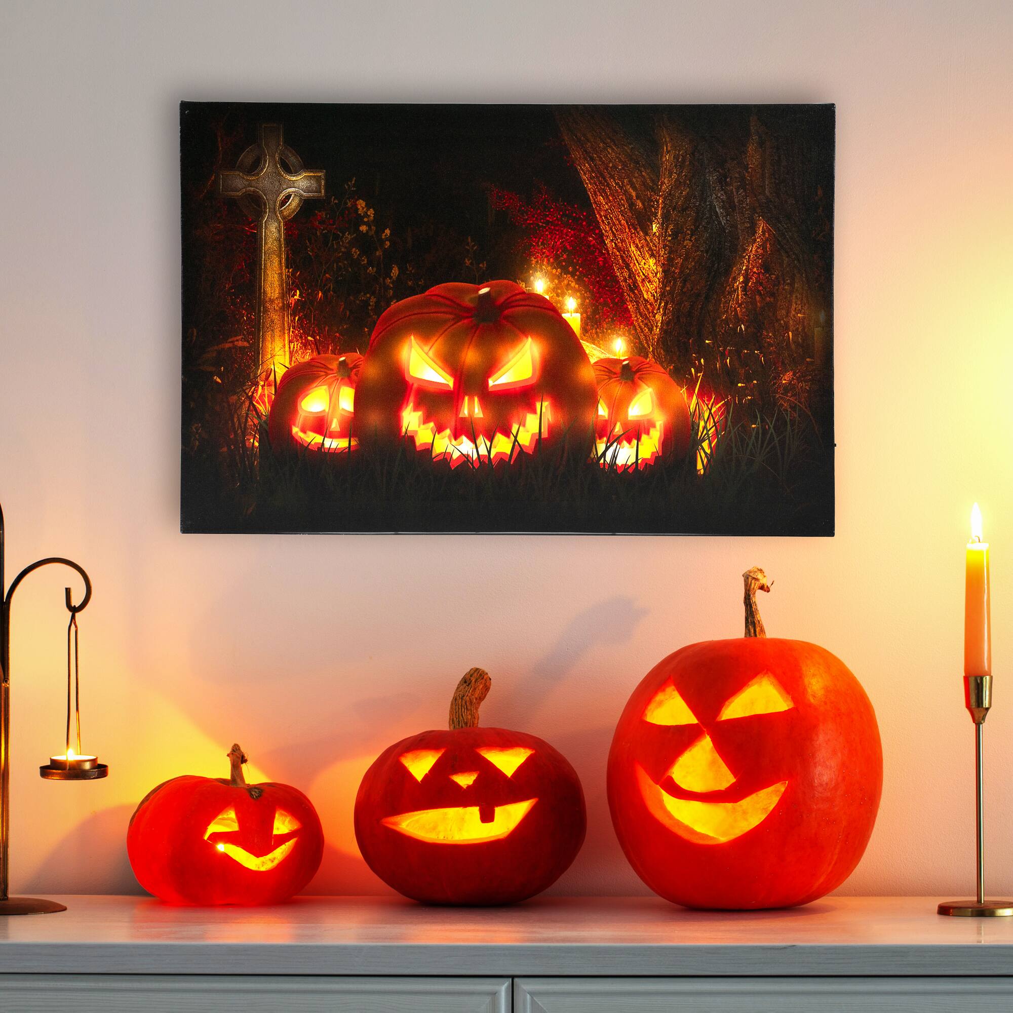 Northlight - LED Lighted Jack-O-Lanterns in Cemetery Halloween Canvas Wall Art 23.5" x 15.5" - Black