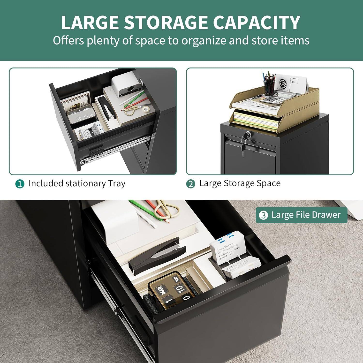 LARGE STORAGE CAPACITY  
Offers plenty of space to organize and store items

1. Included stationary Tray  
2. Large Storage Space  
3. Large File Drawer