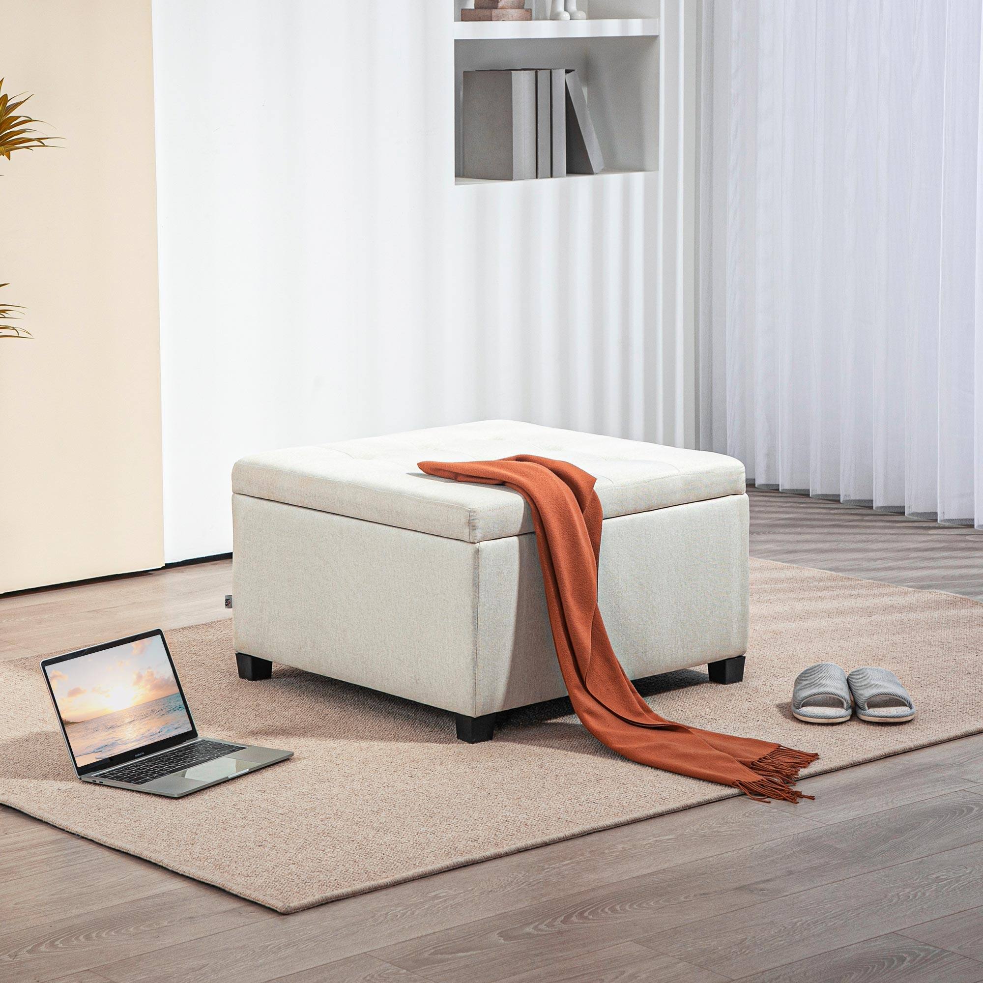 Alt View 2. Homcom - Fabric Tufted Square Storage Ottoman with Flip Top Seat Lid, Metal Hinge and Wood Frame for Living Room, Bedroom - Beige.