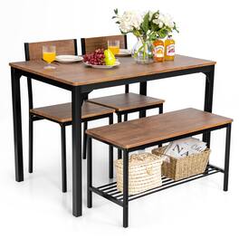 Costway - 4pcs Dining Table Set Rustic Desk 2 Chairs & Bench w/ Storage Rack - Brown