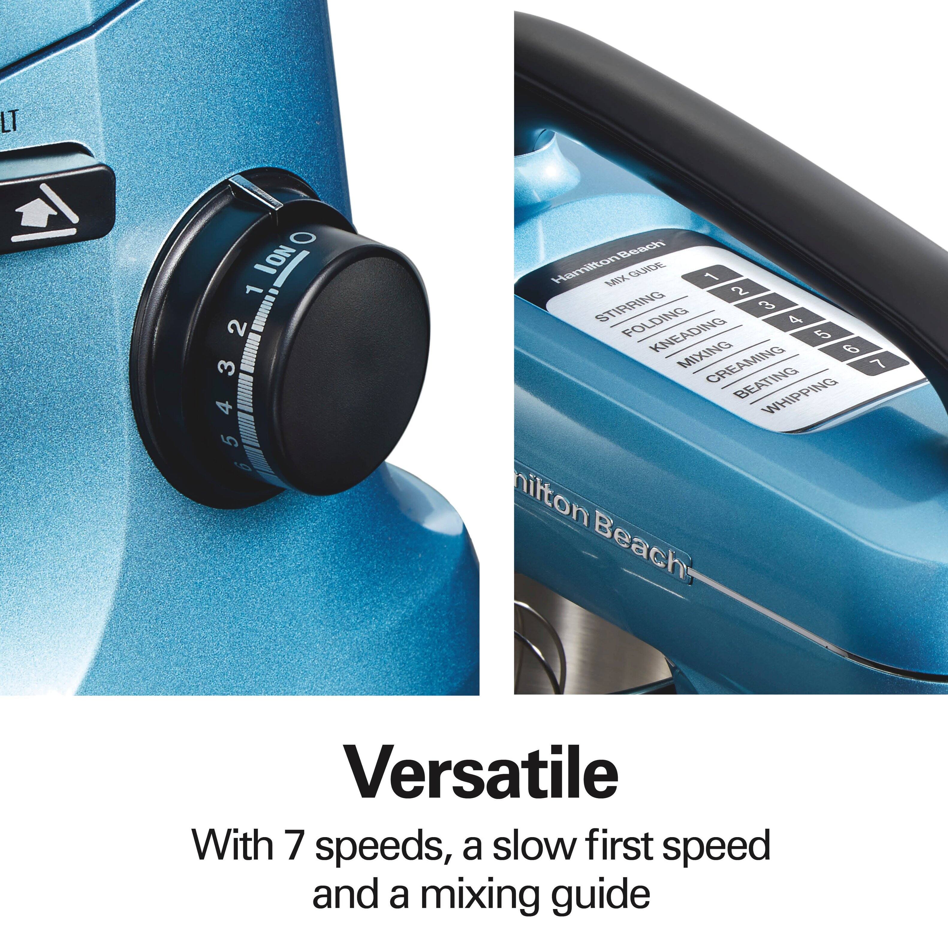 Hamilton Beach  
MIX GUIDE  
1 STIRRING  
2 FOLDING  
3 KNEADING  
4 MIXING  
5 CREAMING  
6 BEATING  
7 WHIPPING  

Versatile  
With 7 speeds, a slow first speed and a mixing guide