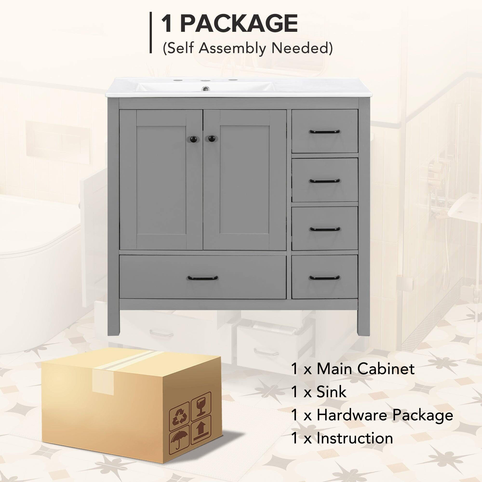 1 PACKAGE  
(Self Assembly Needed)  

1 x Main Cabinet  
1 x Sink  
1 x Hardware Package  
1 x Instruction