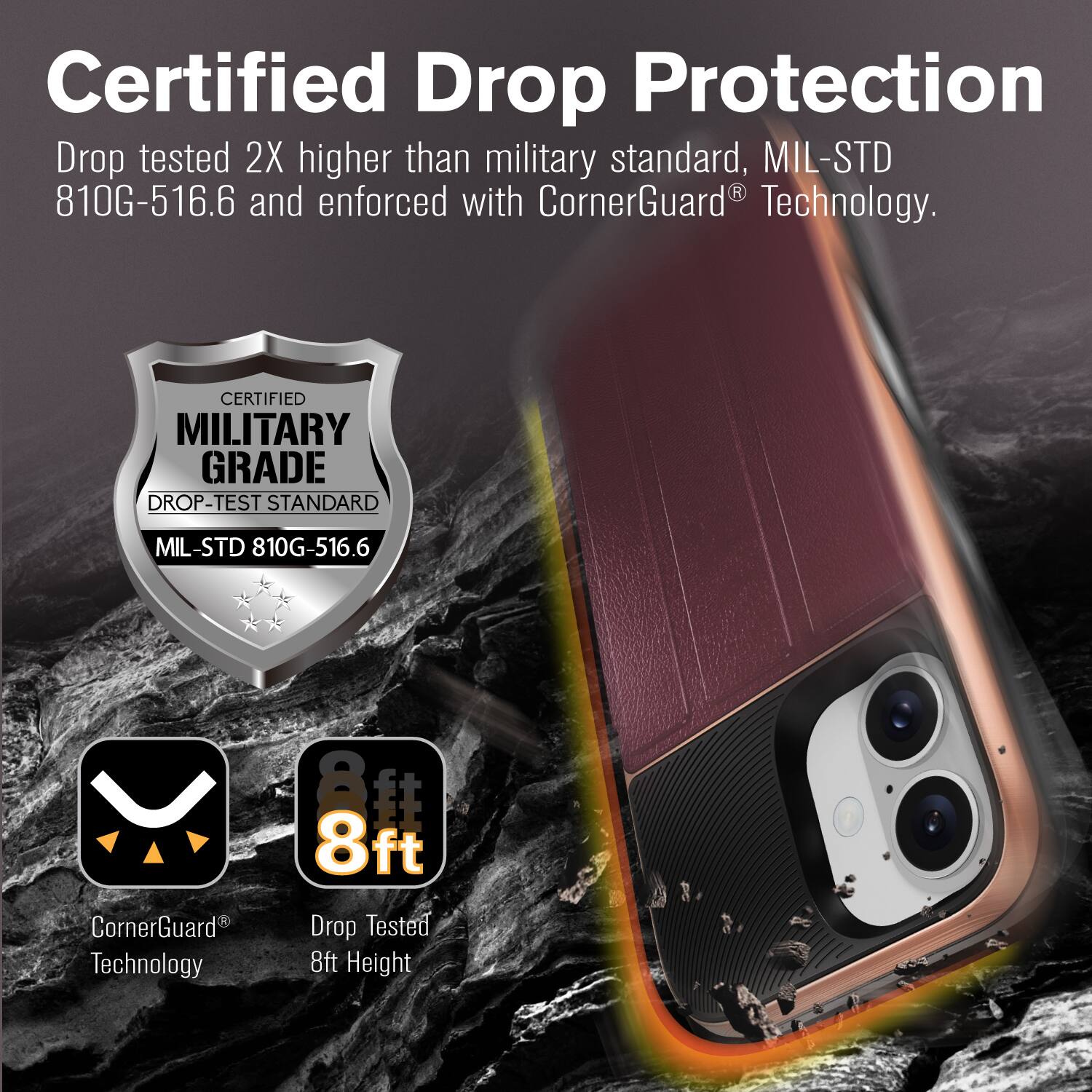 Certified Drop Protection

Drop tested 2X higher than military standard, MIL-STD 810G-516.6 and enforced with CornerGuard® Technology.

Certified Military Grade Drop-Test Standard MIL-STD 810G-516.6

CornerGuard® Technology

Drop Tested 8ft Height