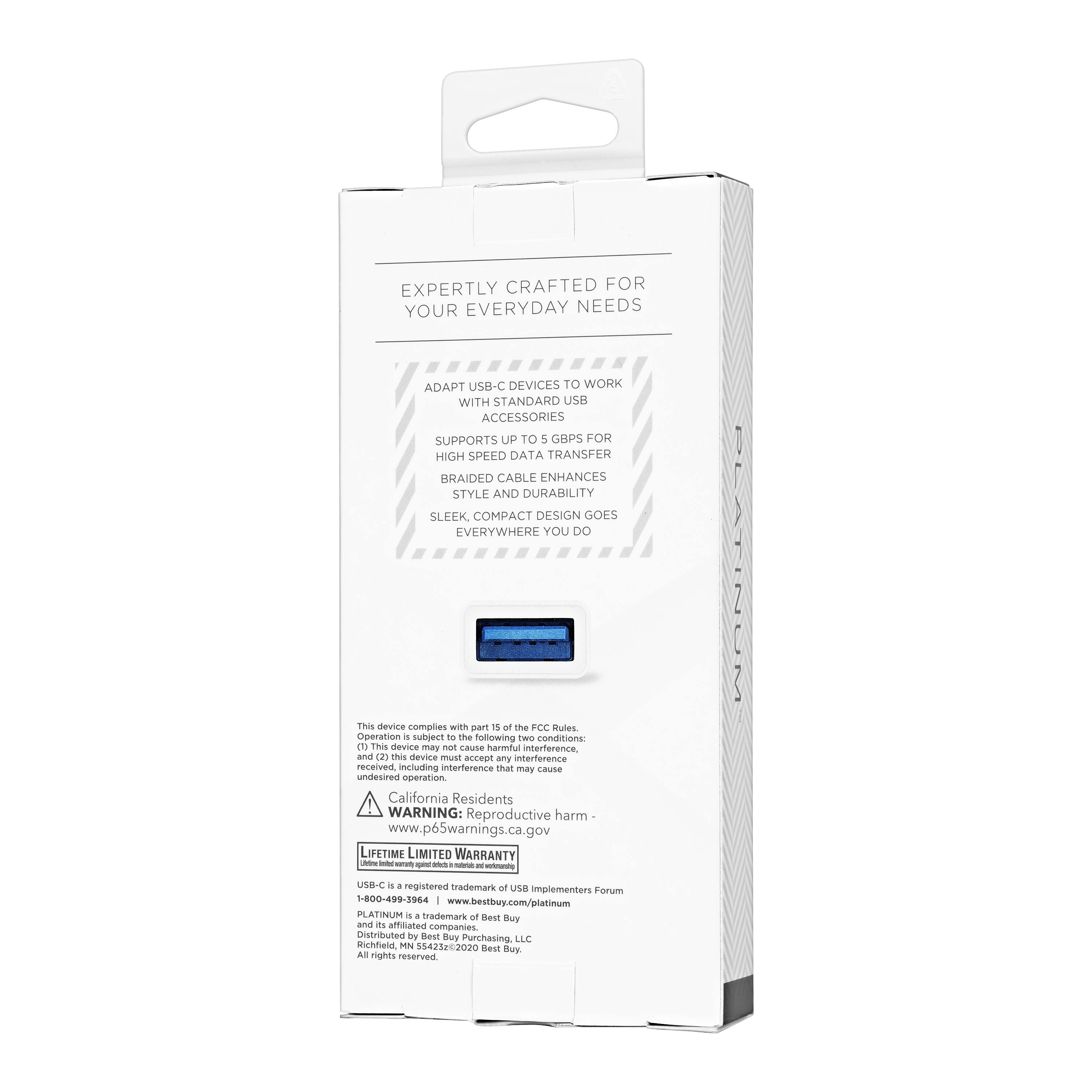 The text on the image reads: "Expertly crafted for your everyday needs. Adapt USB-C devices to work with standard USB accessories. Supports up to 5 Gbps for high-speed data transfer. Braided cable enhances style and durability. Sleek, compact design goes everywhere you do. This device complies with FCC radiation exposure limits set by the Federal Communications Commission. California residents: WARNING: This product contains chemicals known to the state of California to cause cancer and birth defects or other reproductive harm. Lifetime limited warranty."