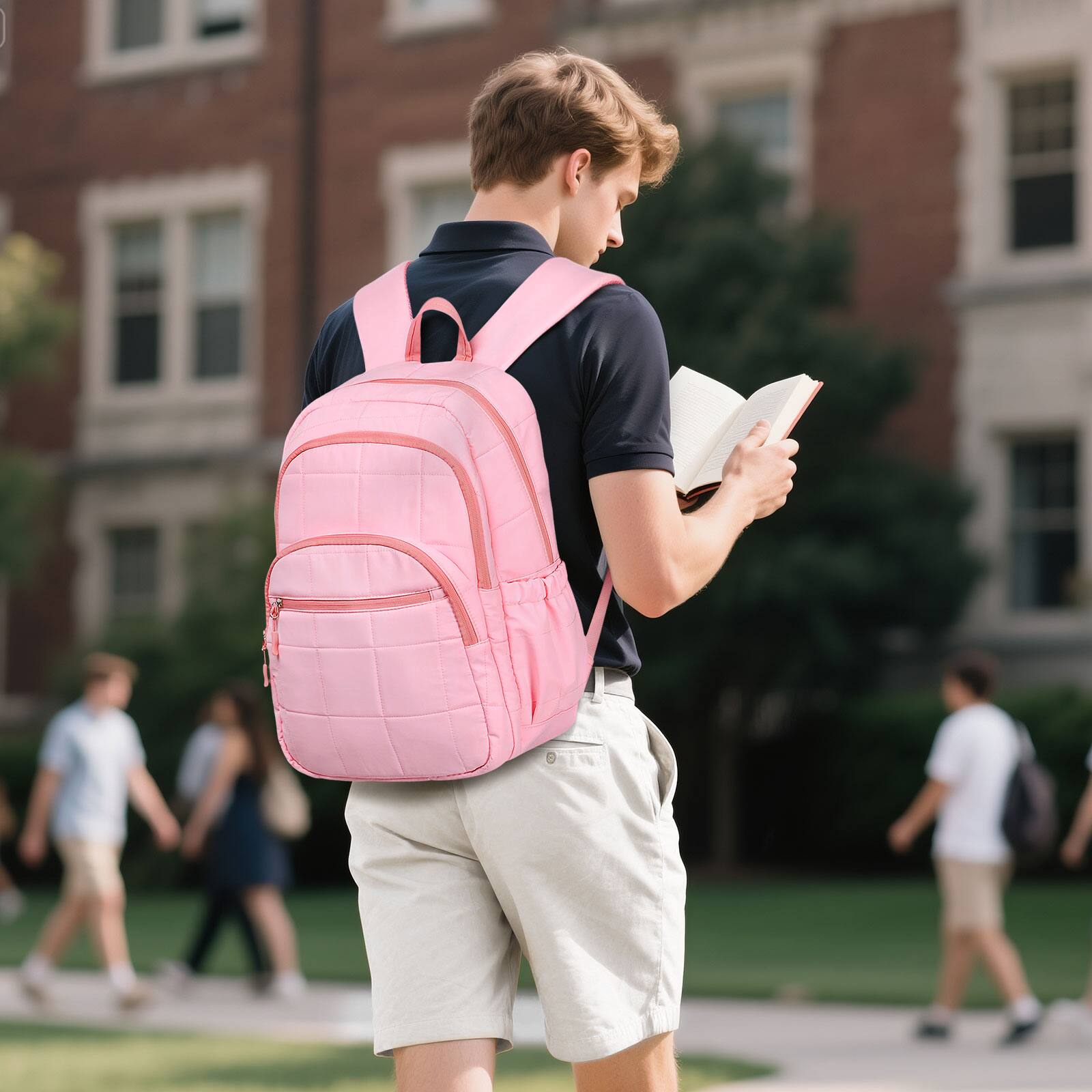 Alt View 5. Unique Bargains - Quilted Laptop Backpack for Women, Casual Work Daypack for 15.6" Laptop, Travel Bag with Luggage Strap - Pink.