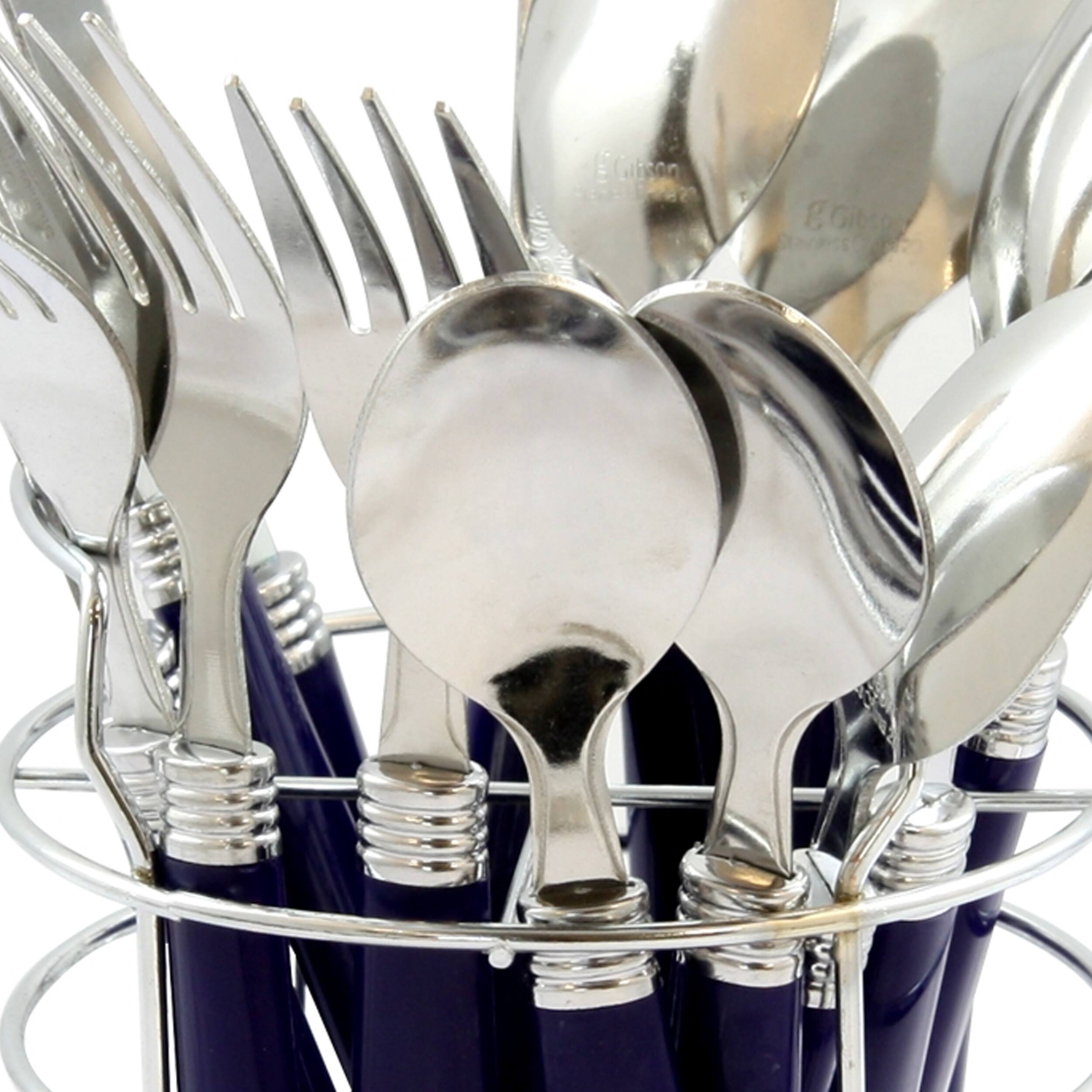 Alt View 1. Gibson - Gibson Sensations II 16 Piece Stainless Steel Flatware Set with Cobalt Handles and Chrome Caddy - Silver.