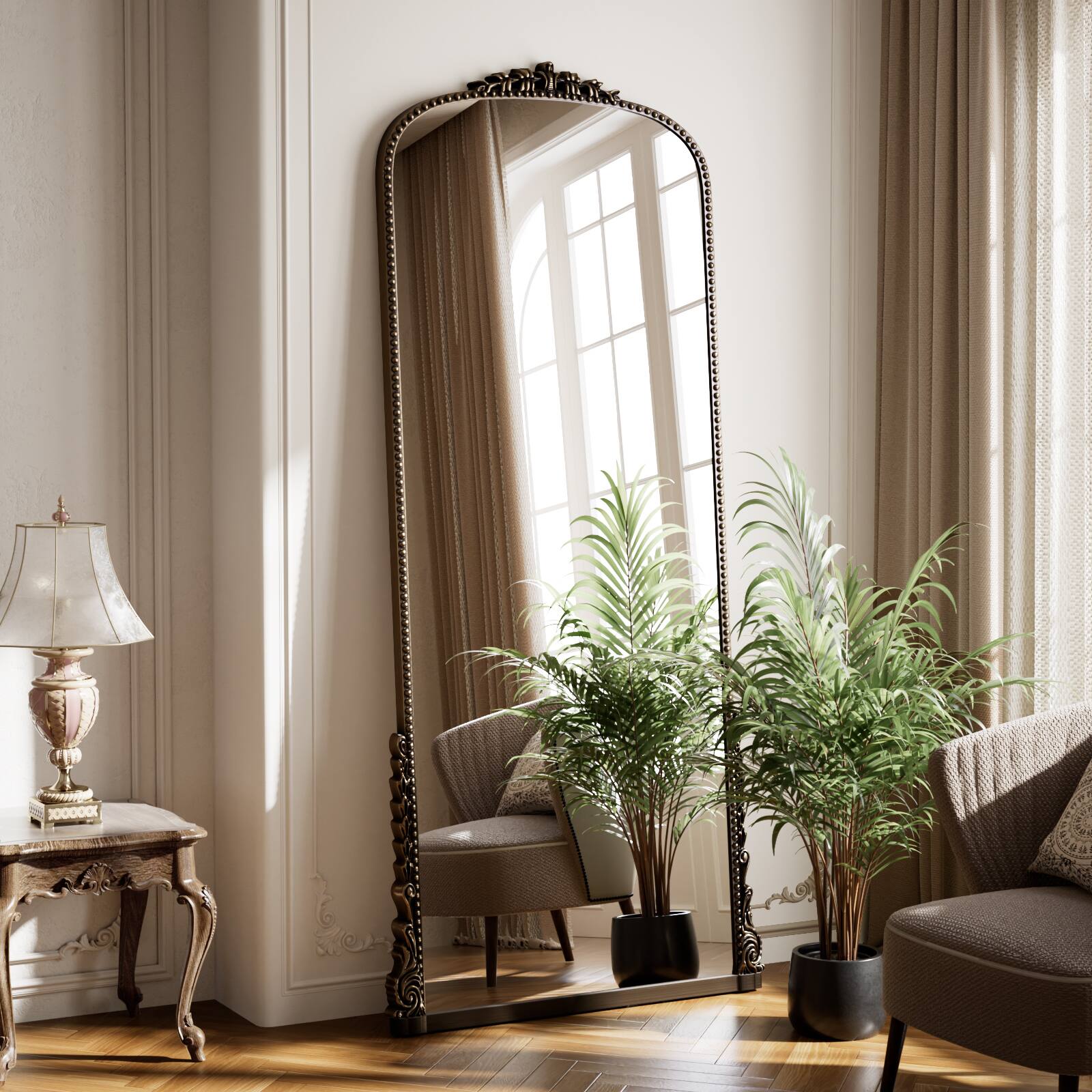 Back. Easly - Antique Bronze 28 in. W x 69 in. H Carved Arched PU Frame Full Length Floor Mirror - Antique Bronze.