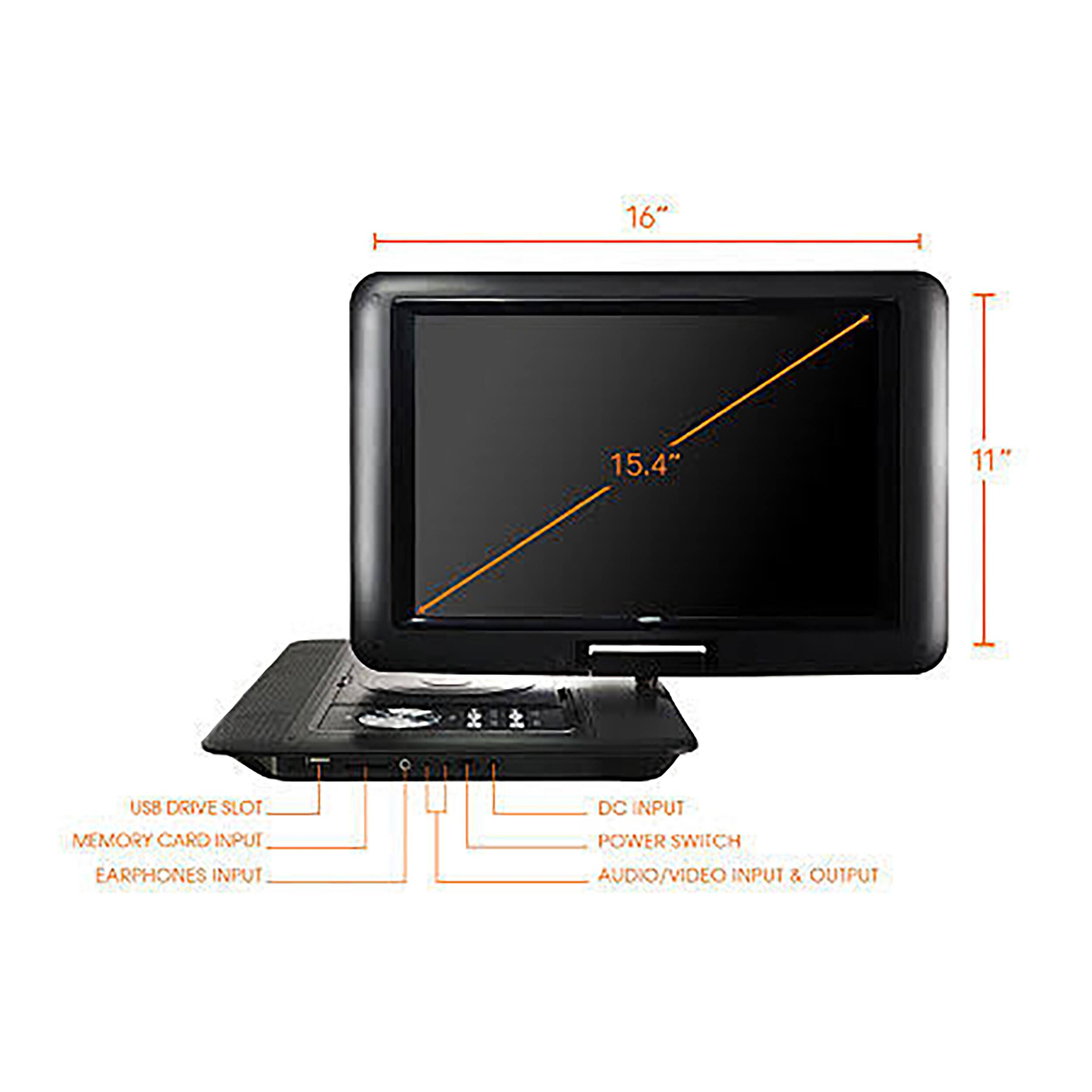 16"  
15.4"  
11"  

USB DRIVE SLOT  
MEMORY CARD INPUT  
EARPHONES INPUT  
DC INPUT  
POWER SWITCH  
AUDIO/VIDEO INPUT & OUTPUT
