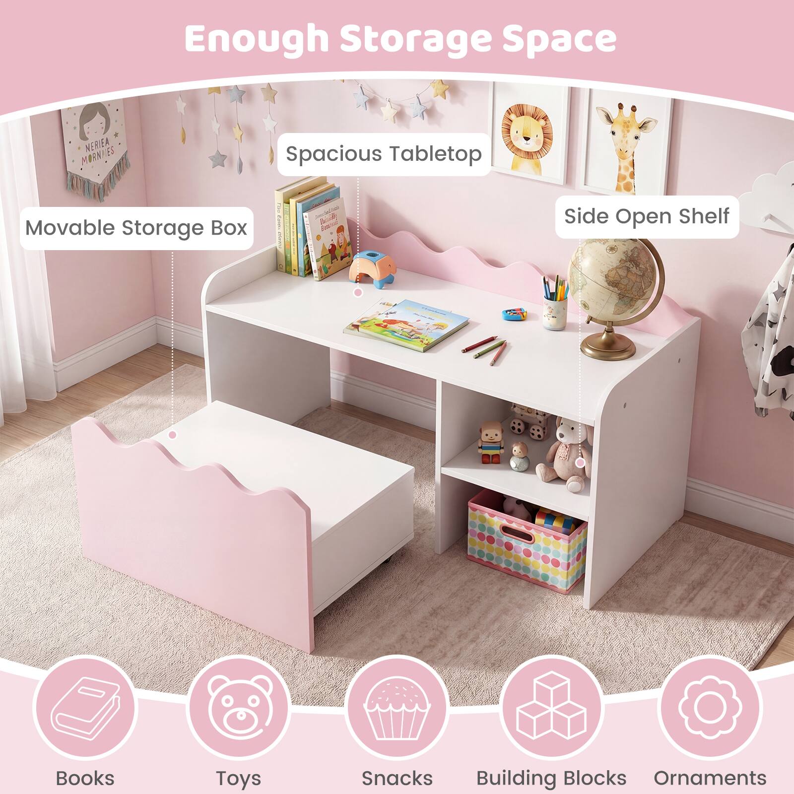 Enough Storage Space

NERIEA MORNIES Spacious Tabletop Movable Storage Box

Side Open Shelf

Books, Toys, Snacks, Building Blocks, Ornaments