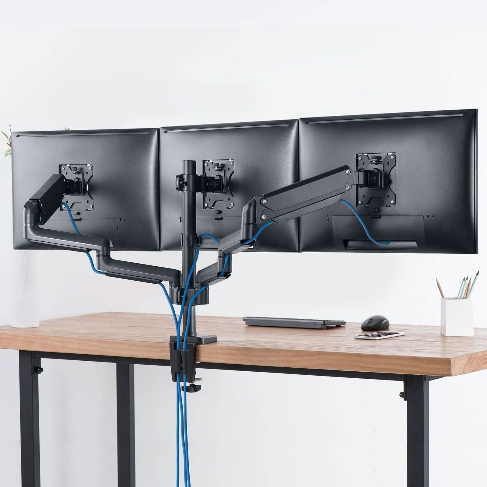 Angle. Mount-It! - Triple Monitor Mount with Gas Spring Arms – Full Motion Desk Mount for Three Screens up to 27", Black - Black.