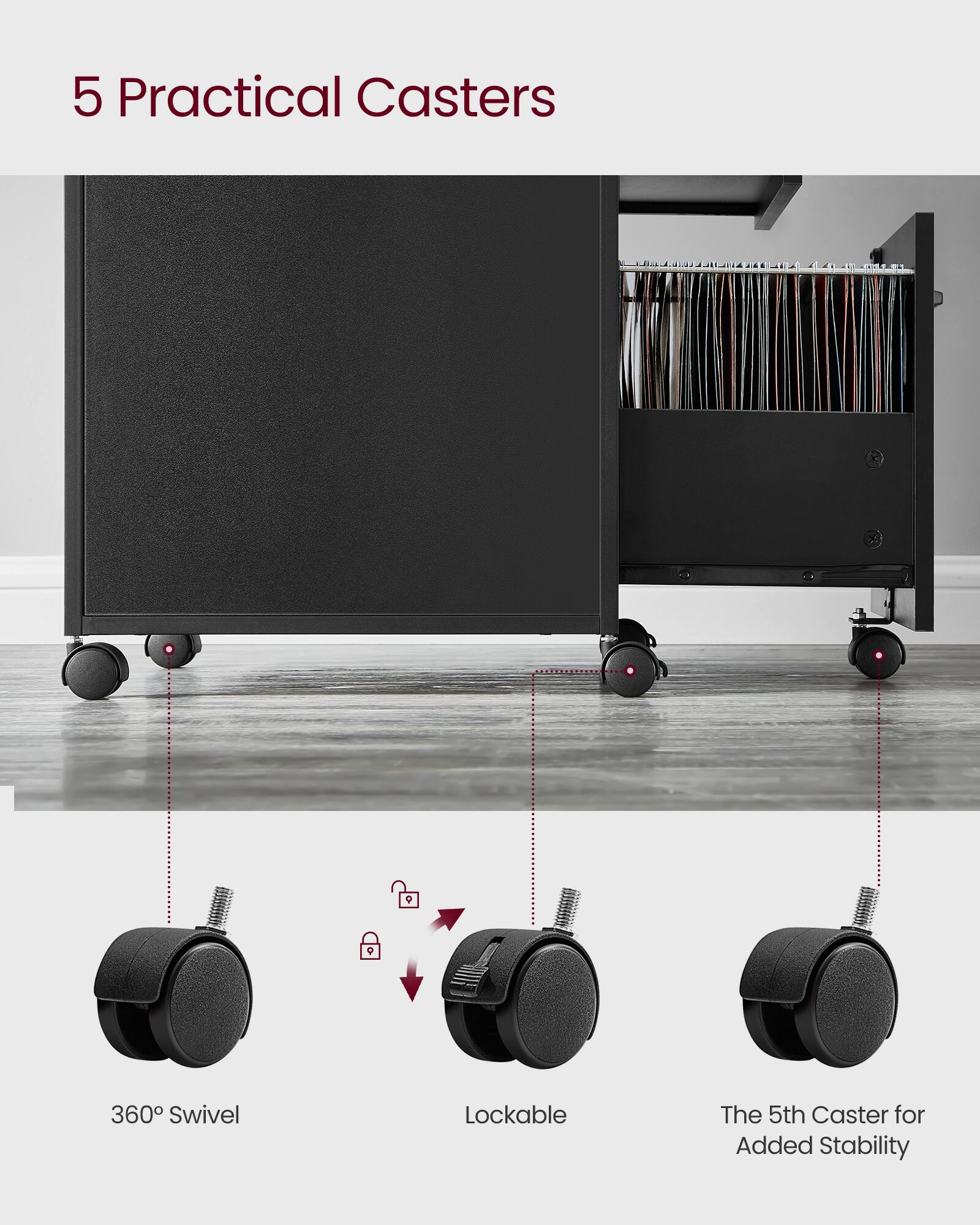 5 Practical Casters

- 360° Swivel
- Lockable
- The 5th Caster for Added Stability