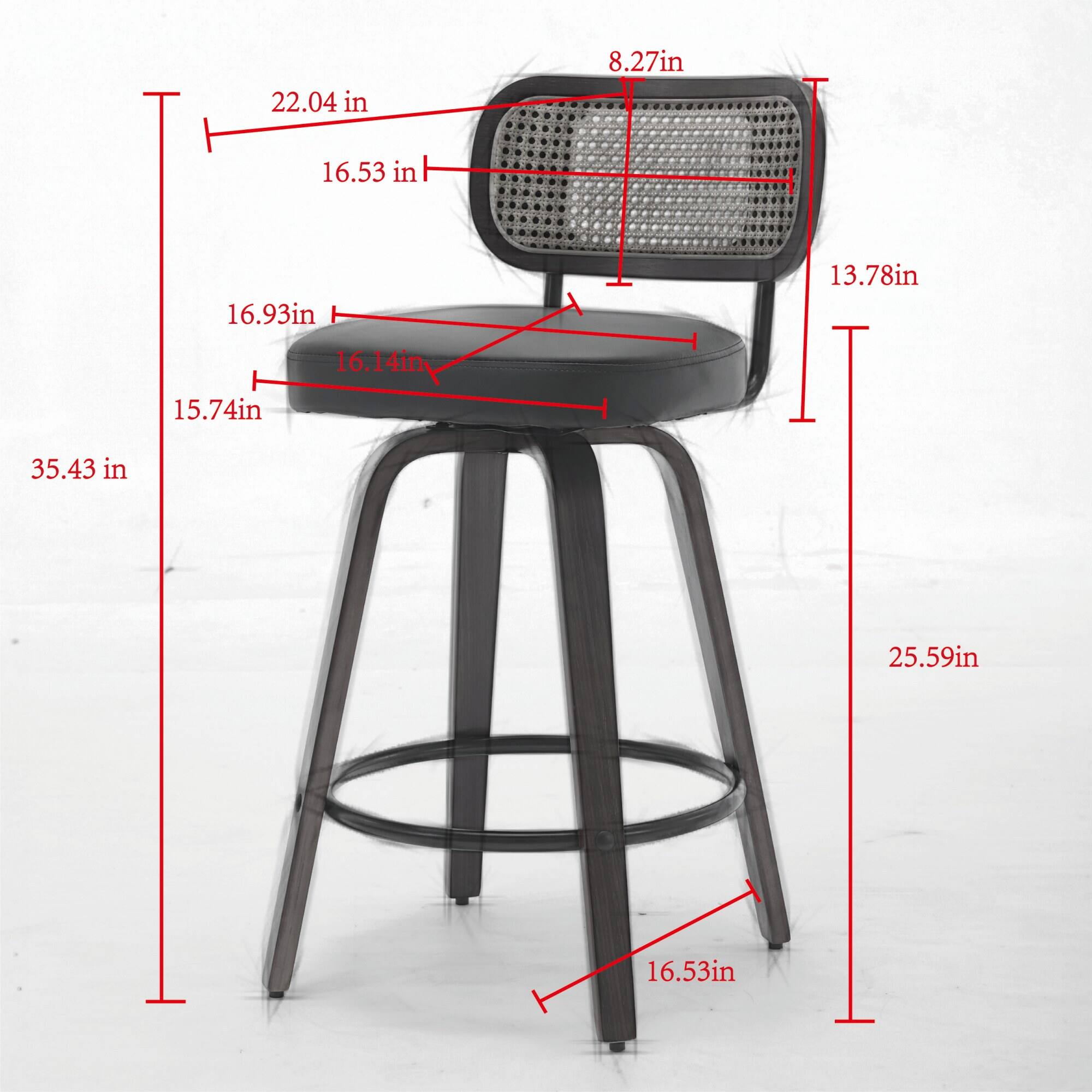 - Height: 35.43 in
- Width: 22.04 in
- Depth: 13.78 in
- Seat Height: 15.74 in
- Seat Depth: 16.53 in
- Back Height: 16.93 in
- Back Width: 8.27 in
- Armrest Height: 16.14 in
- Armrest Width: 25.59 in
- Base Width: 16.53 in