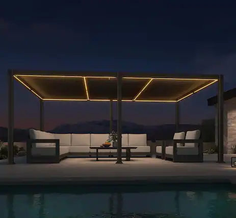 Front. PURPLE LEAF - Louvered Pergola with LED Strip Lights Outdoor Bronze Aluminum Hardtop Gazebo with Adjustable Roof for Patio Garden Yard - 11' X 18'.