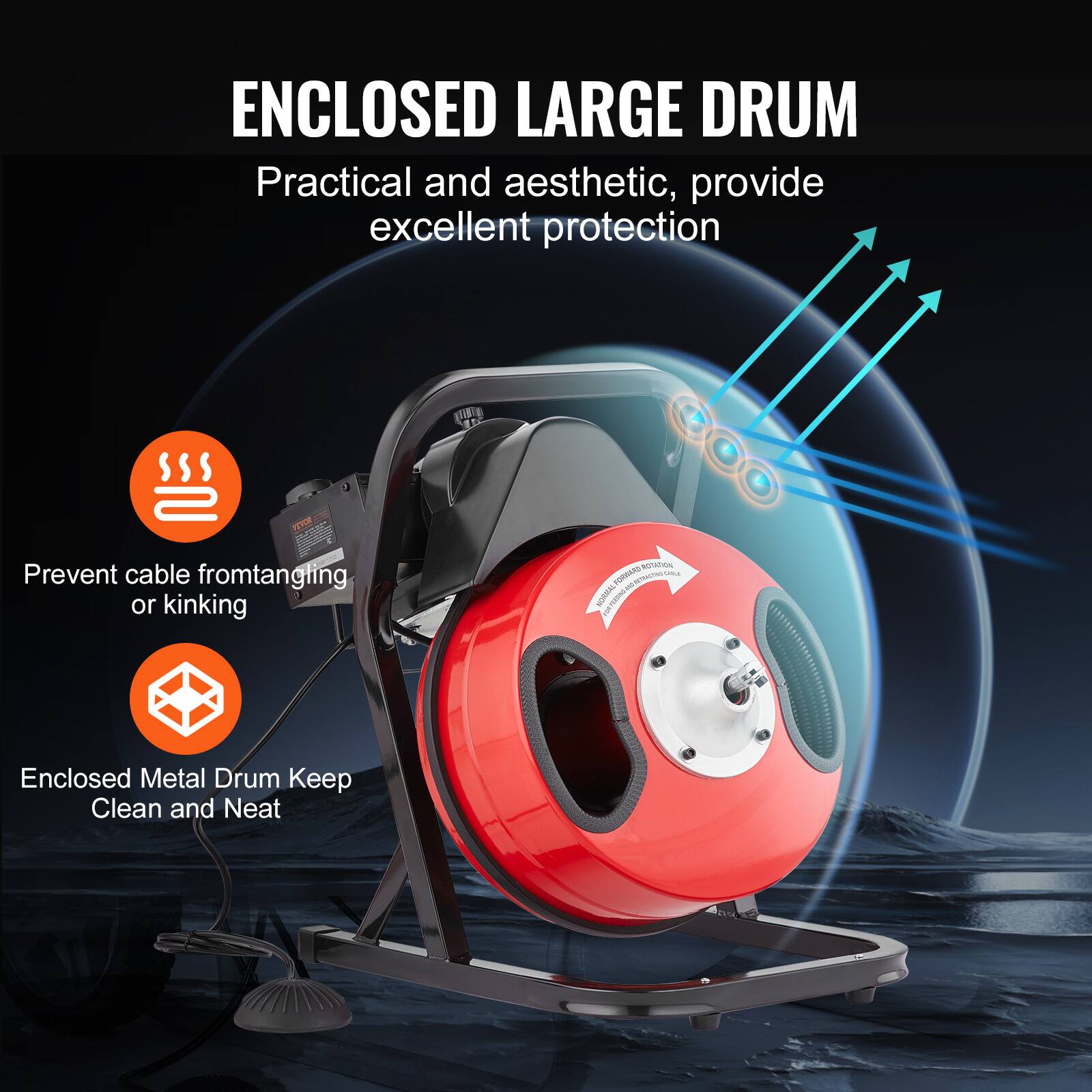 ENCLOSED LARGE DRUM
Practical and aesthetic, provide excellent protection

Prevent cable from tangling or kinking
Enclosed Metal Drum Keep Clean and Neat