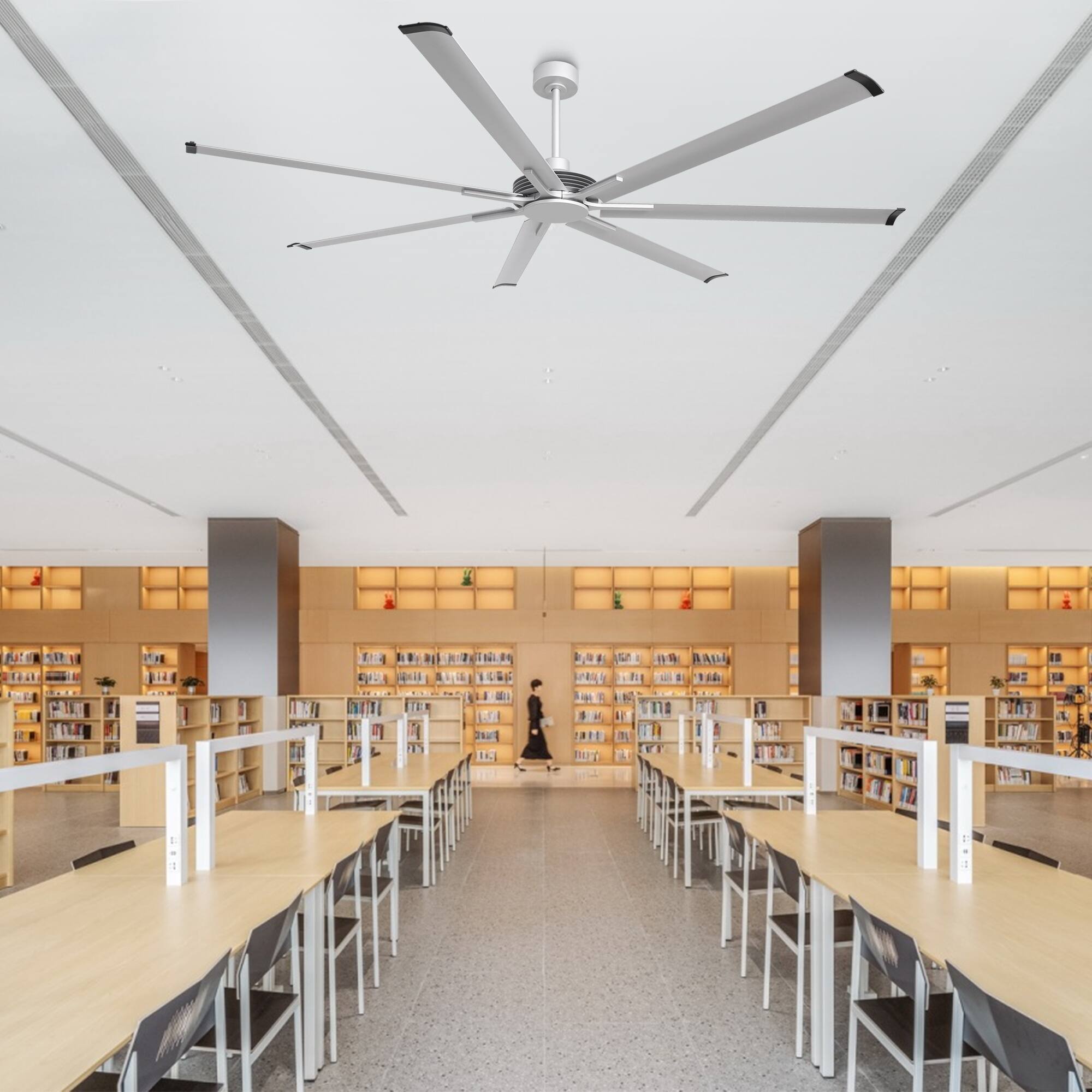 Left. Parrot Uncle - 100" 7-Blade Industrial Ceiling Fan without Light, 6-Speed Reversible DC Motor, Remote Control - Silver.