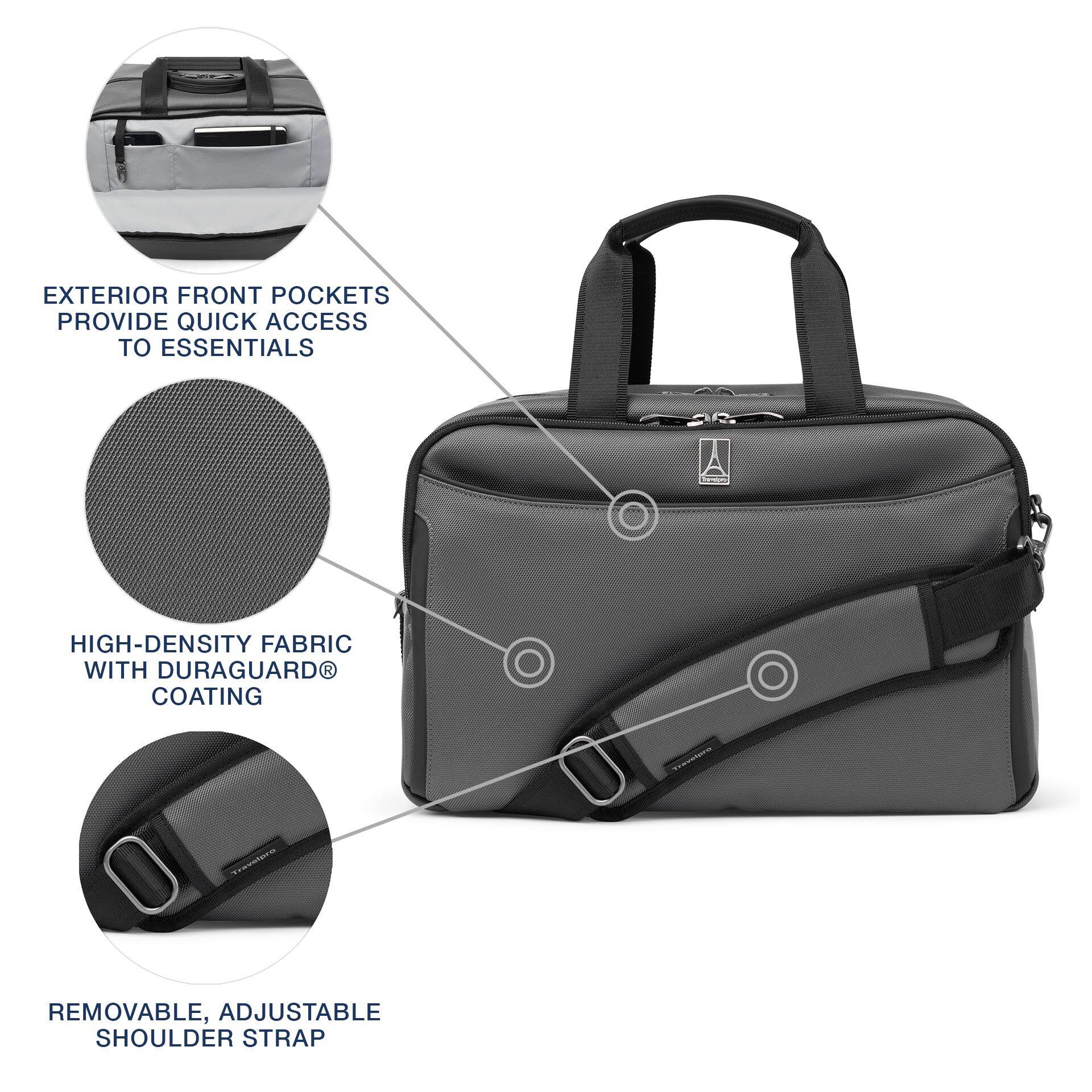 Exterior front pockets provide quick access to essentials. High-density fabric with Duraguard® coating. Removable, adjustable shoulder strap.