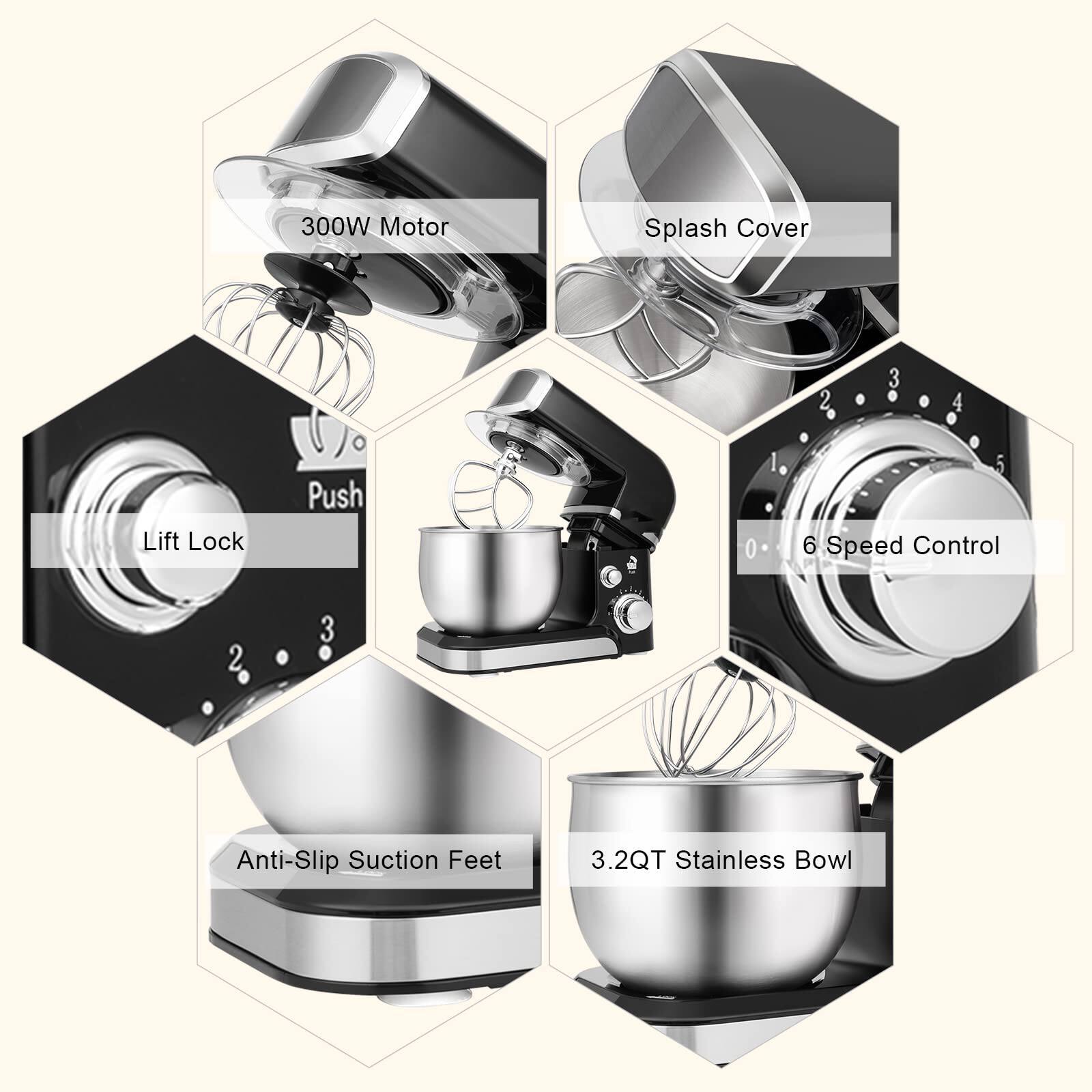 - 300W Motor
- Splash Cover
- Lift Lock
- 6 Speed Control
- Anti-Slip Suction Feet
- 3.2QT Stainless Bowl