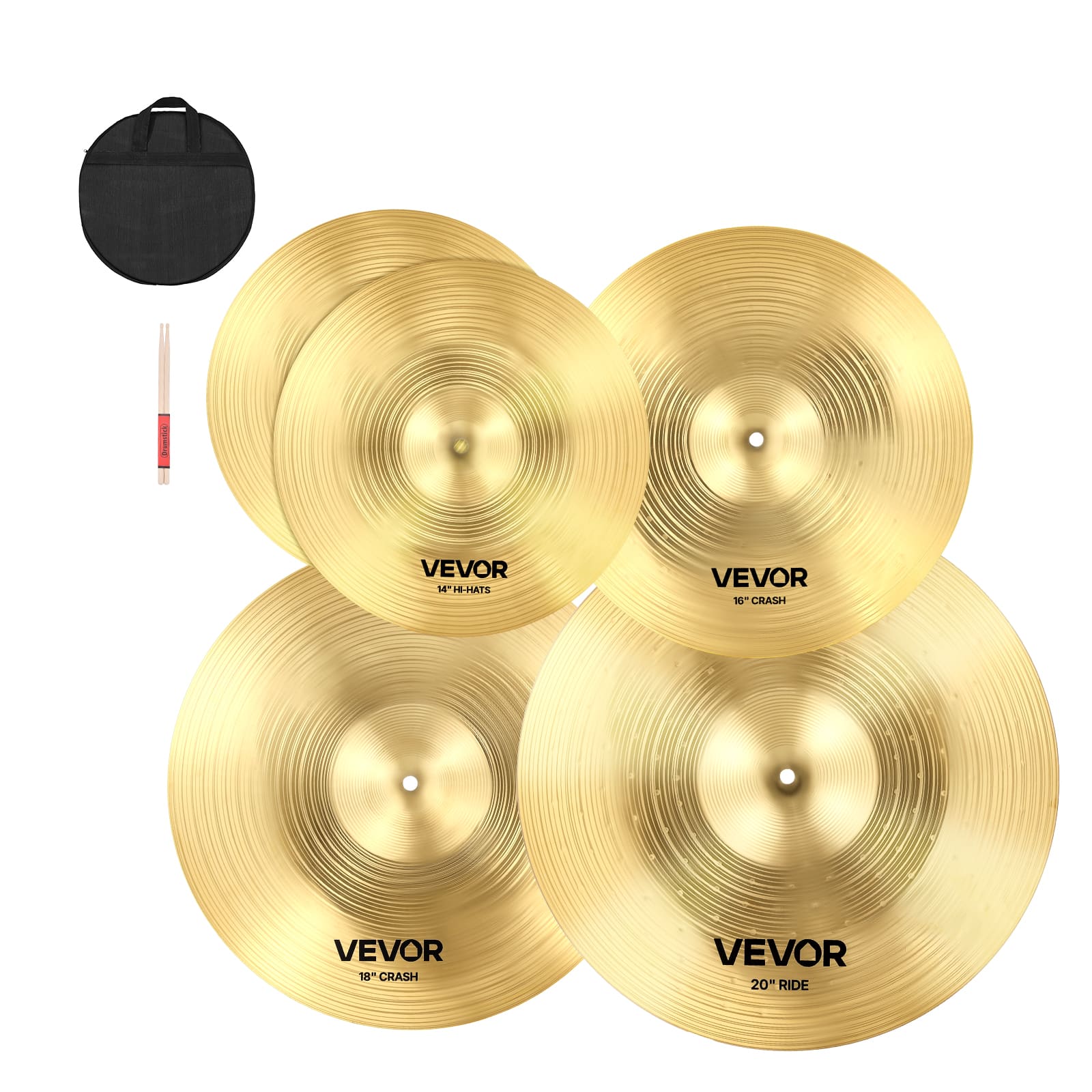 VEVOR - Cymbal Pack, 4 Pieces Cymbals for Drum Set, Alloy Cymbals Drum Set Includes 14-inch Hi-Hats, 16-inch Crash - Bright copper