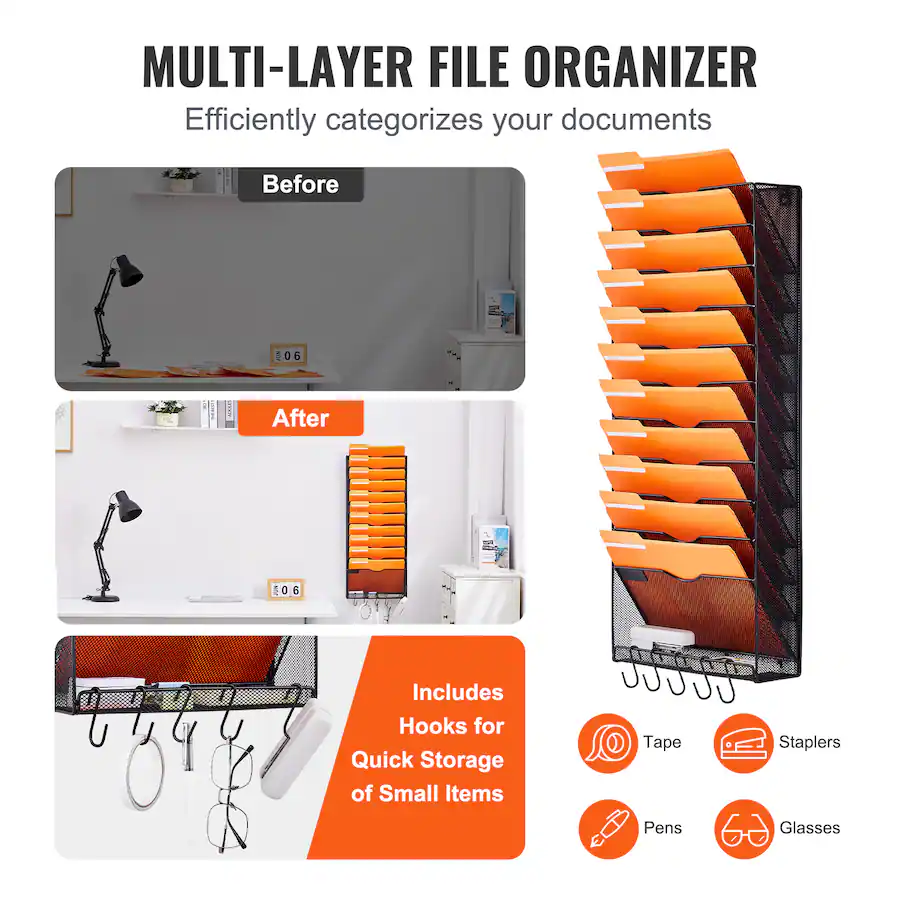 VEVOR File Wall Rack, One Piece 12 Pockets Mesh Wall File Holder, Wall ...
