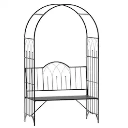 Outsunny - Metal Trellis Arbor Arch for Climbing Plants with Garden Bench, Grow Grapes & Vines - Black
