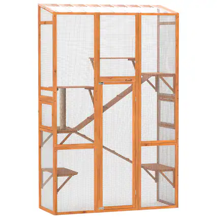 Front. Pawhut - Outdoor Catio Cat Enclosure, Large Wooden Cat House with 6 Jumping Platforms, Scratching Post, 2 Ramps, Waterproof Roof.