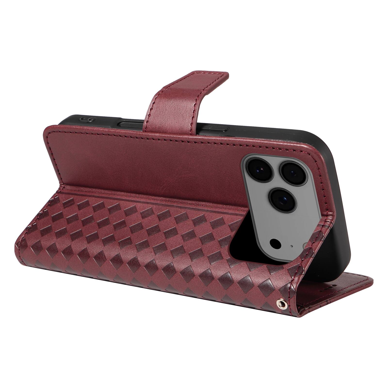 Left. Dteck - Magnetic Wallet Pocket Case For Apple iPhone 17 Pro, Shockproof Faux Leather Card Pocket Wrist Strap Cover - Red.