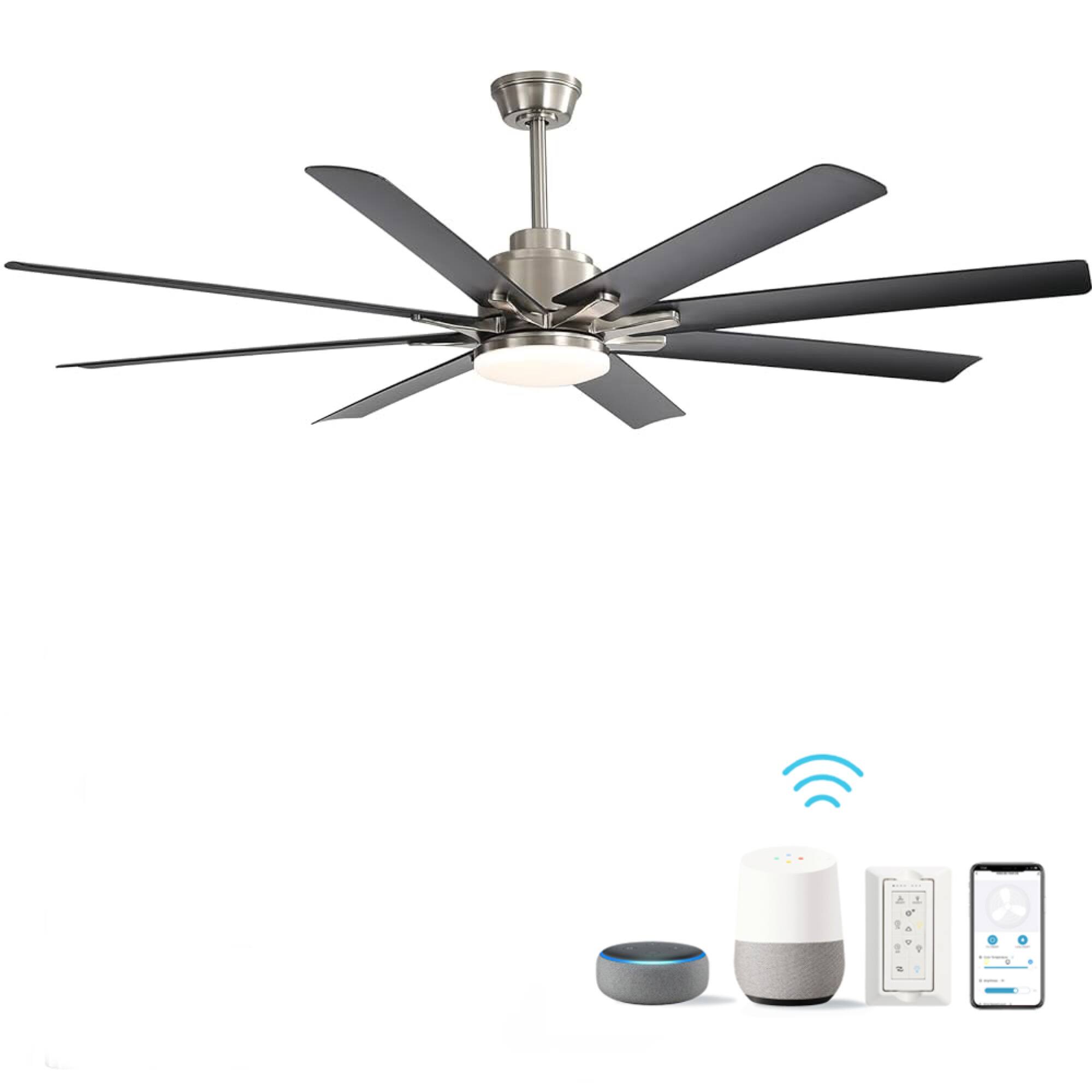 Front. ELEMENT ACE - 66 Inch Large Ceiling Fan With Dimmable LED Light And Smart Remote Control For Indoor And Outdoor Use - Nickel.