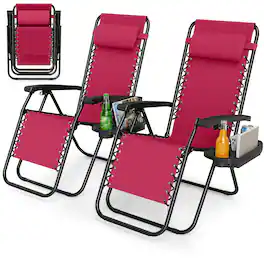 Costway - 2 PCS Zero Gravity Chair, Portable Patio Recliner with Adjustable Backrest & Pillow - Red