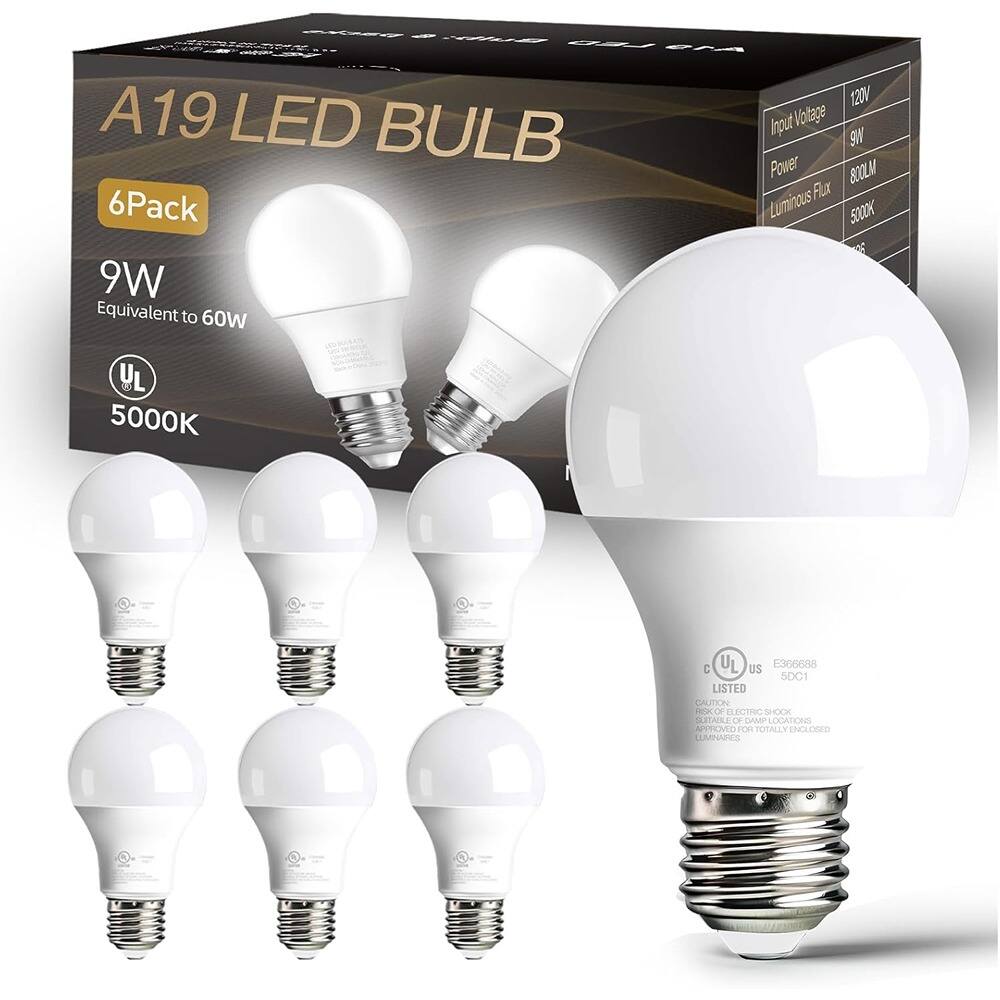 A19 LED BULB  
6 Pack  
9W Equivalent to 60W  
5000K  

Input Voltage: 120V  
Power: 9W  
Luminous Flux: 800LM  

UL Listed  
E366688  
5DC1  

CAUTION: RISK OF ELECTRIC SHOCK  
APPROVED FOR TOTALLY-ENCLOSED LUMINAIRES