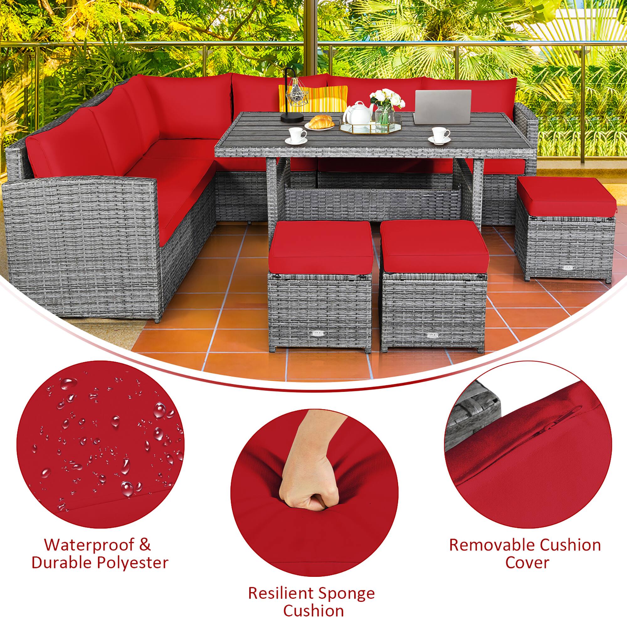 The text on the image is grouped as follows:

1. Waterproof & Durable Polyester Resilient Sponge Cushion
2. Removable Cushion Cover