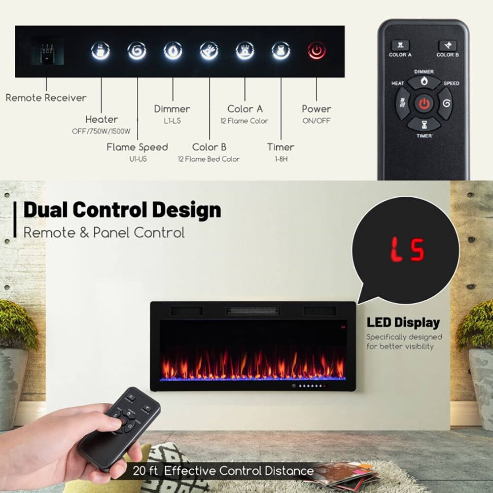 - Remote Receiver
- Dimmer
- Color A
- Power
- Heater L1-L5
- Flame Color ON/OFF
- Flame Speed
- Color B
- Timer
- Dual Control Design
- Remote & Panel Control
- LED Display
- Specifically designed for better visibility
- 20 ft Effective Control Distance