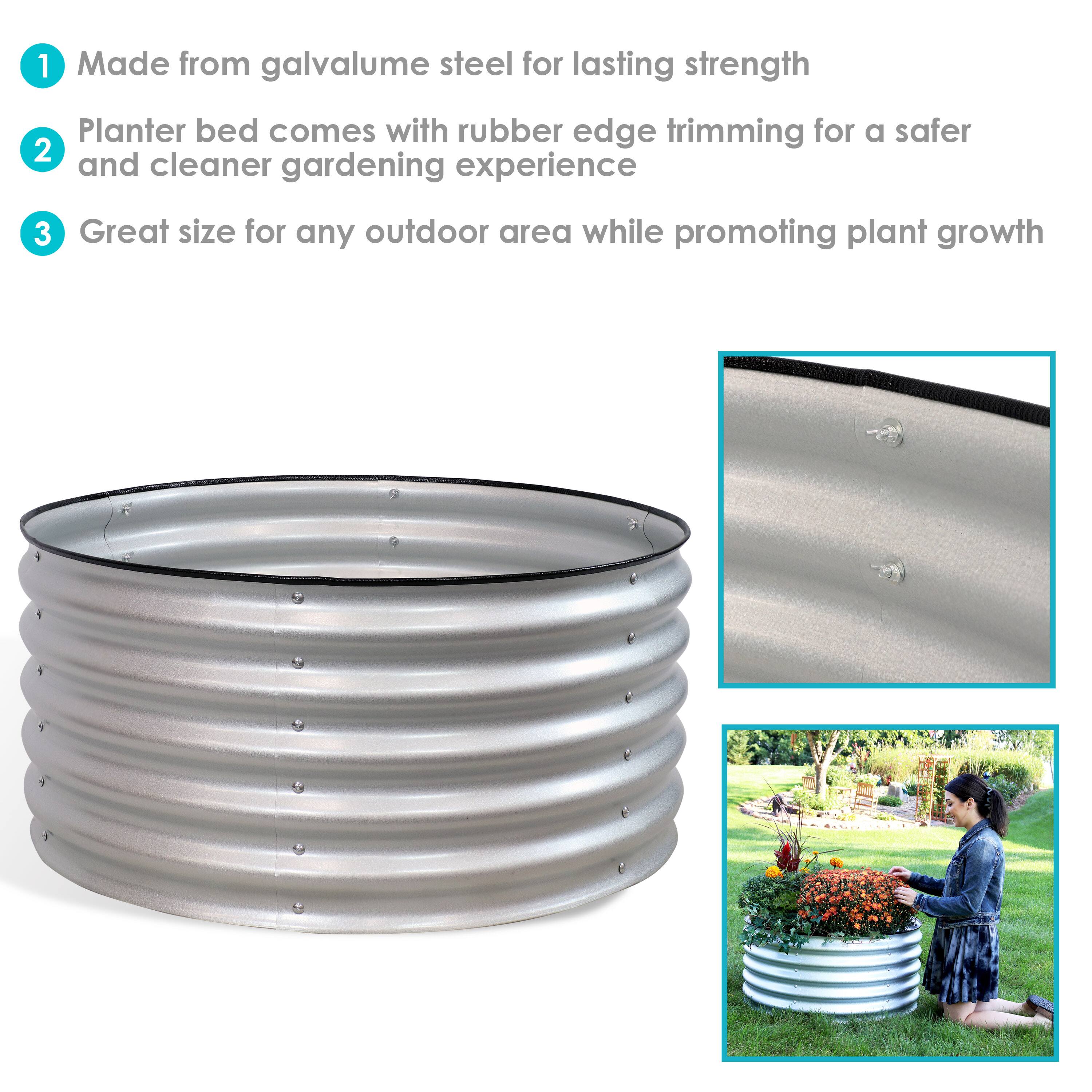 1. Made from galvalume steel for lasting strength  
2. Planter bed comes with rubber edge trimming for a safer and cleaner gardening experience  
3. Great size for any outdoor area while promoting plant growth