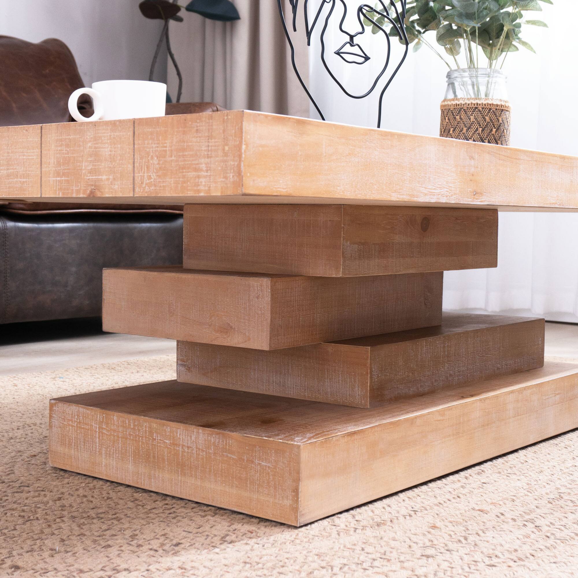 Alt View 4. GOODSILO - Modern Rustic Rectangular Coffee Table with Sculptural Block Base for Living Room and Lounge Spaces - Natural+Rustic.