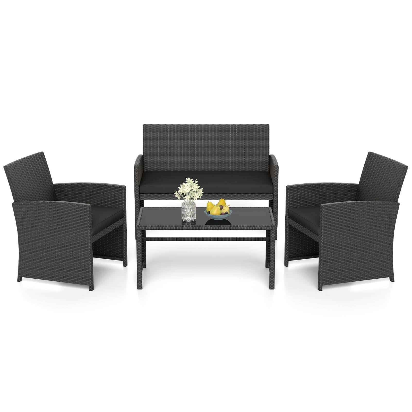 Alt View 9. Gymax - Gymax Set of 4 Patio Conversation Set w/Seat Cushions & Tempered Glass Tabletop Porch Outdoor - Black.