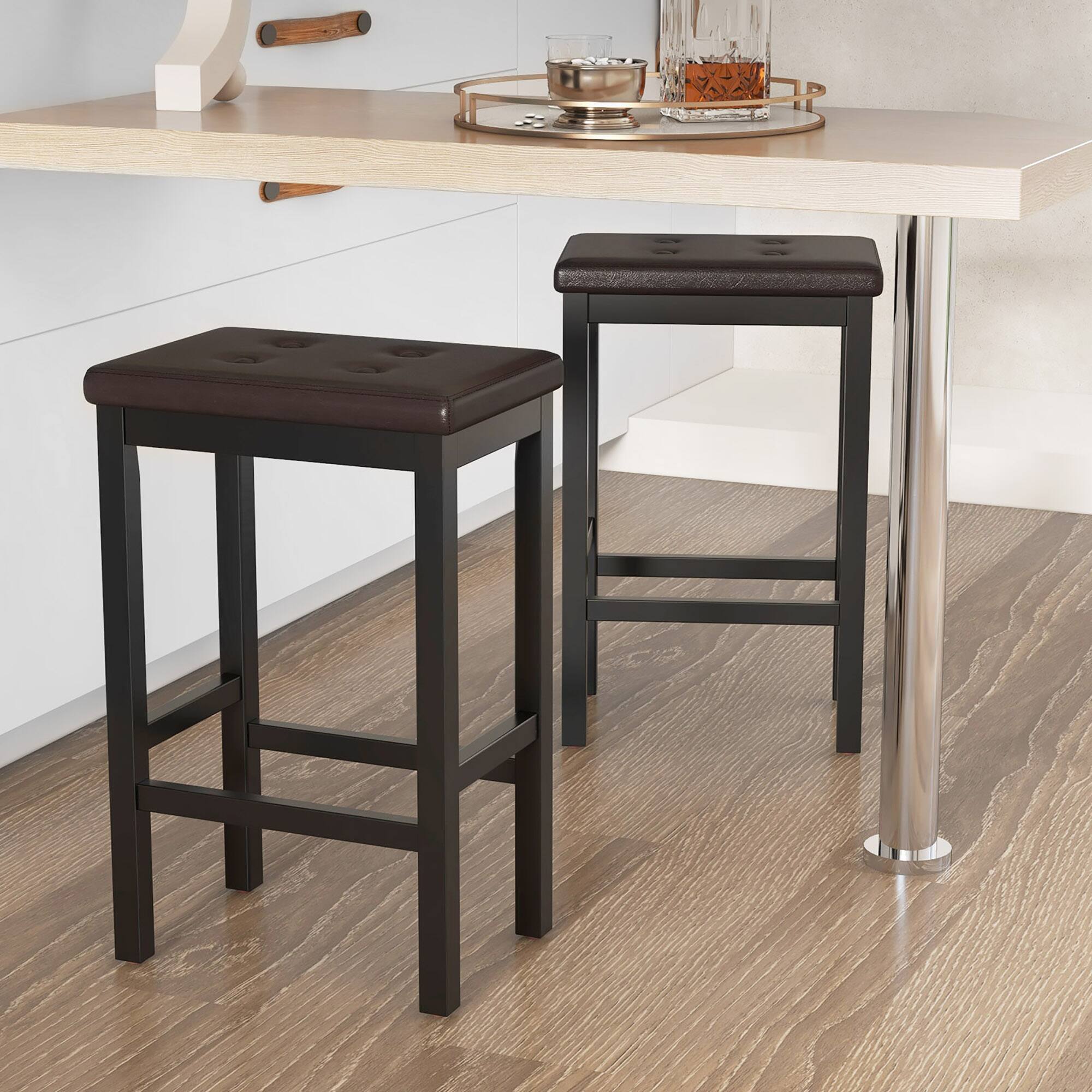 Alt View 4. Gymax - Gymax 24'' Upholstered Bar Stools Set of 4 Home Kitchen Stools w/ Solid Wood Support Legs Brown & Black - Brown, Black.
