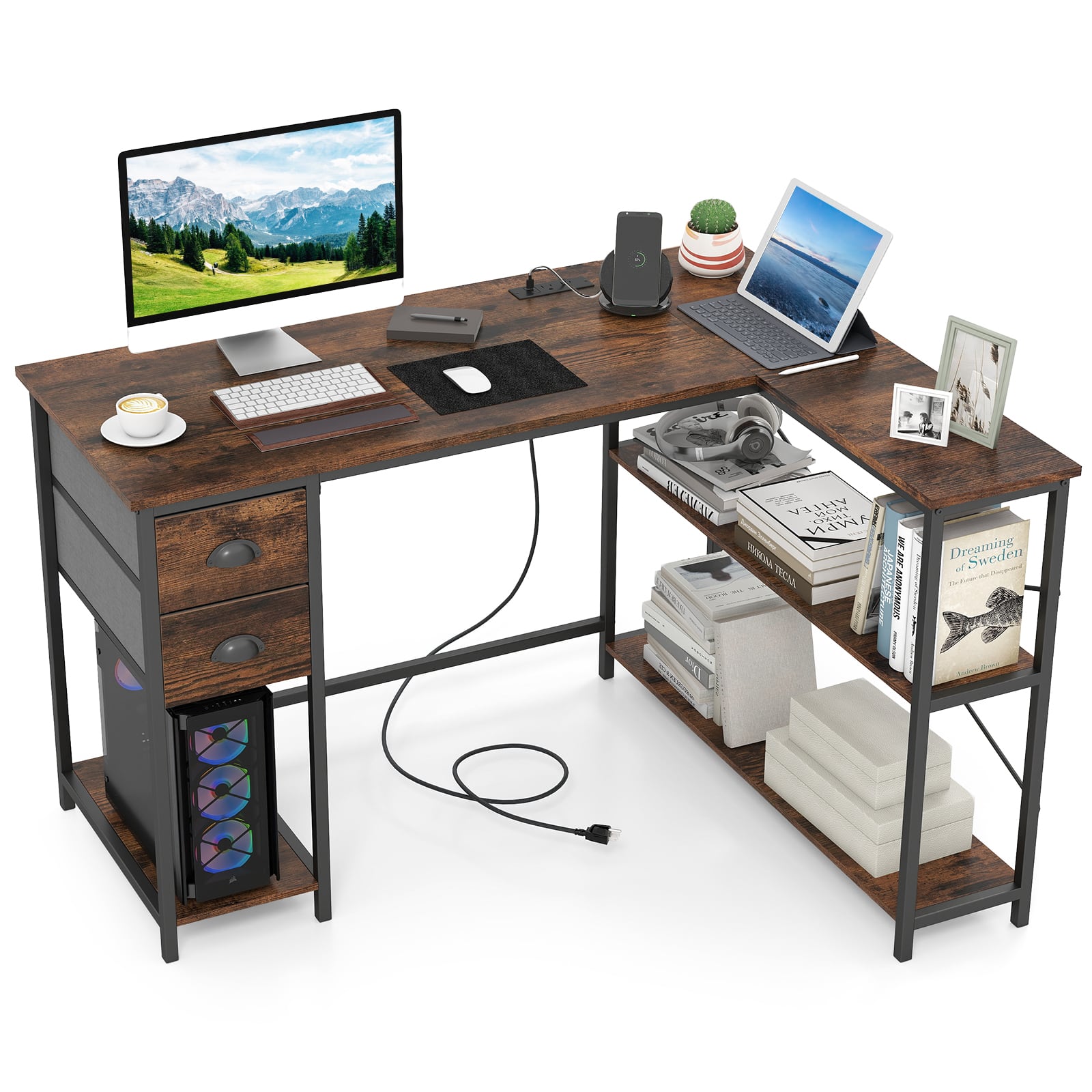 Gymax - L Shaped Desk Corner Computer Desk w/ 2 Fabric Drawers Charging Station Rustic Black - Brown