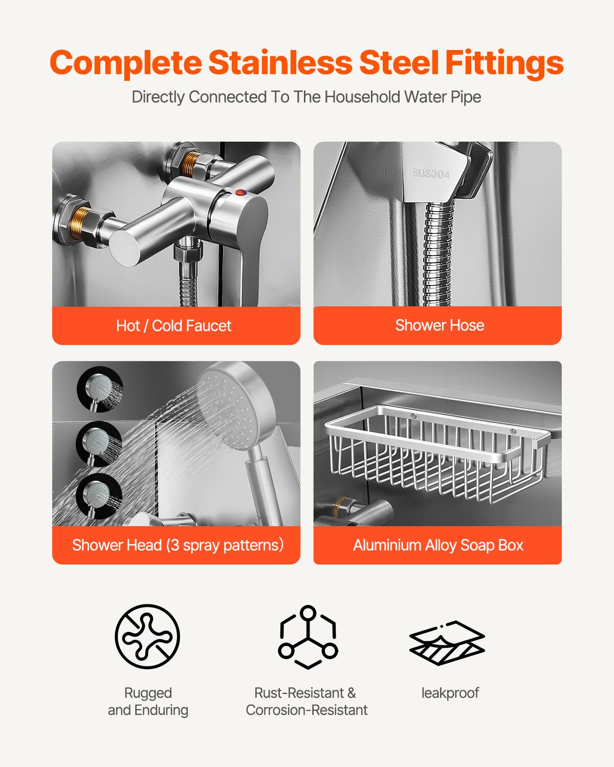 Complete Stainless Steel Fittings Directly Connected To The Household Water Pipe SUS304 Hot / Cold Faucet Shower Hose Shower Head (3 spray patterns) Aluminium Alloy Soap Box Rugged and Enduring Rust-Resistant & Corrosion-Resistant leakproof