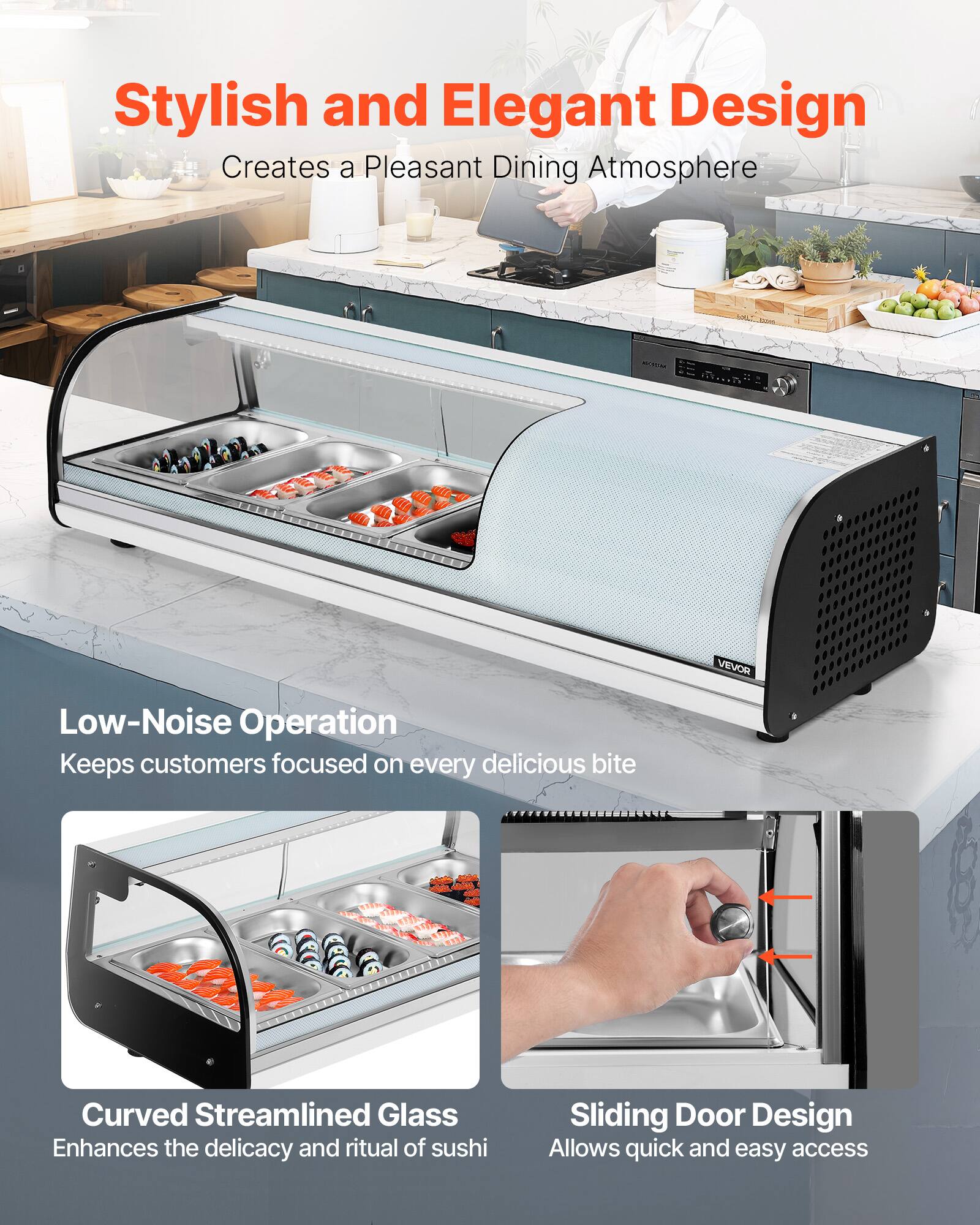 Stylish and Elegant Design  
Creates a Pleasant Dining Atmosphere  

Low-Noise Operation  
Keeps customers focused on every delicious bite  

Curved Streamlined Glass  
Enhances the delicacy and ritual of sushi  

Sliding Door Design  
Allows quick and easy access