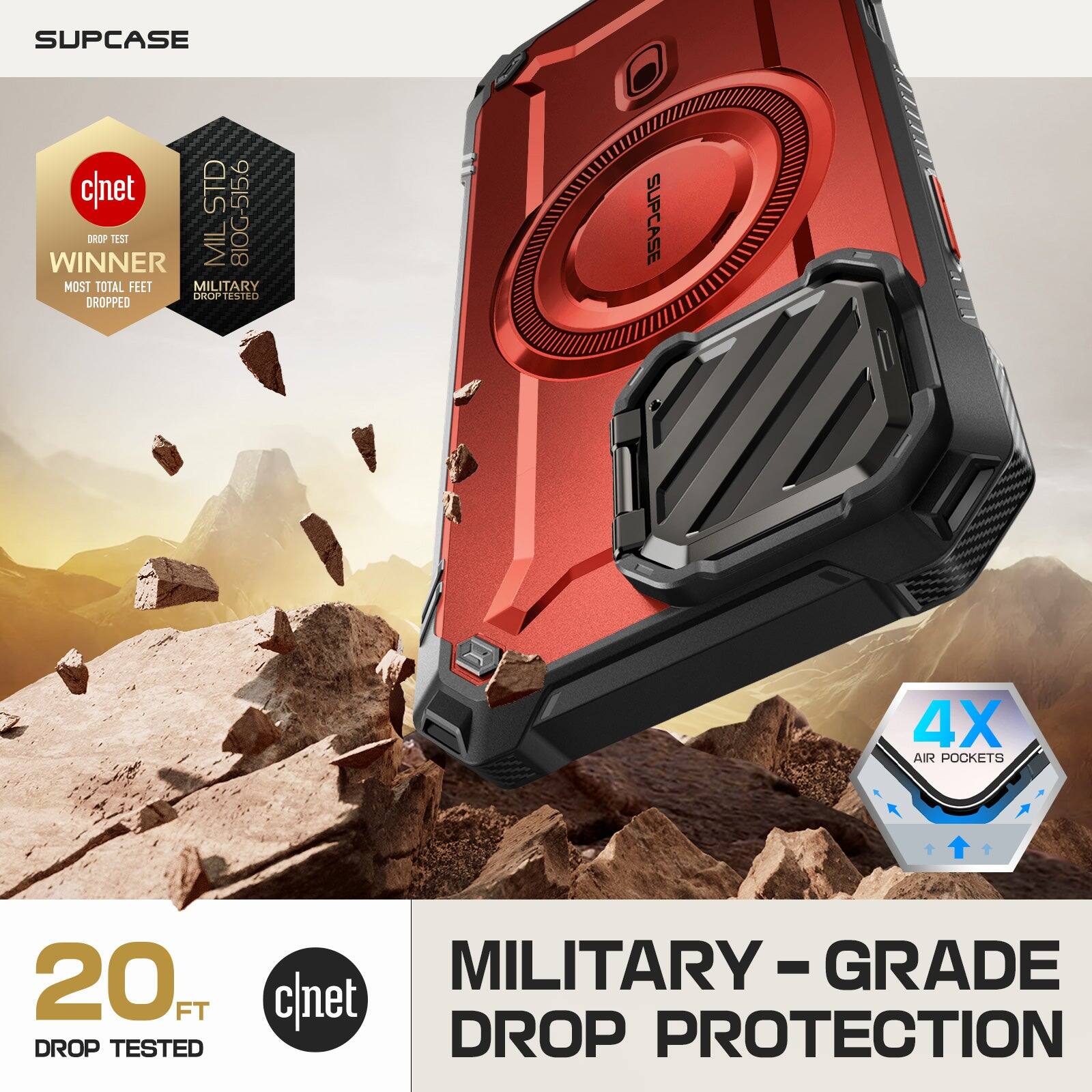 SUPCASE c/net STD 810G-515.6 OROP TEST WINNER MIL MOST TOTAL FEET MILITARY OROP TESTED 20 FT DROP TESTED MILITARY-GRADE c/net DROP PROTECTION 4X AIR POCKETS
