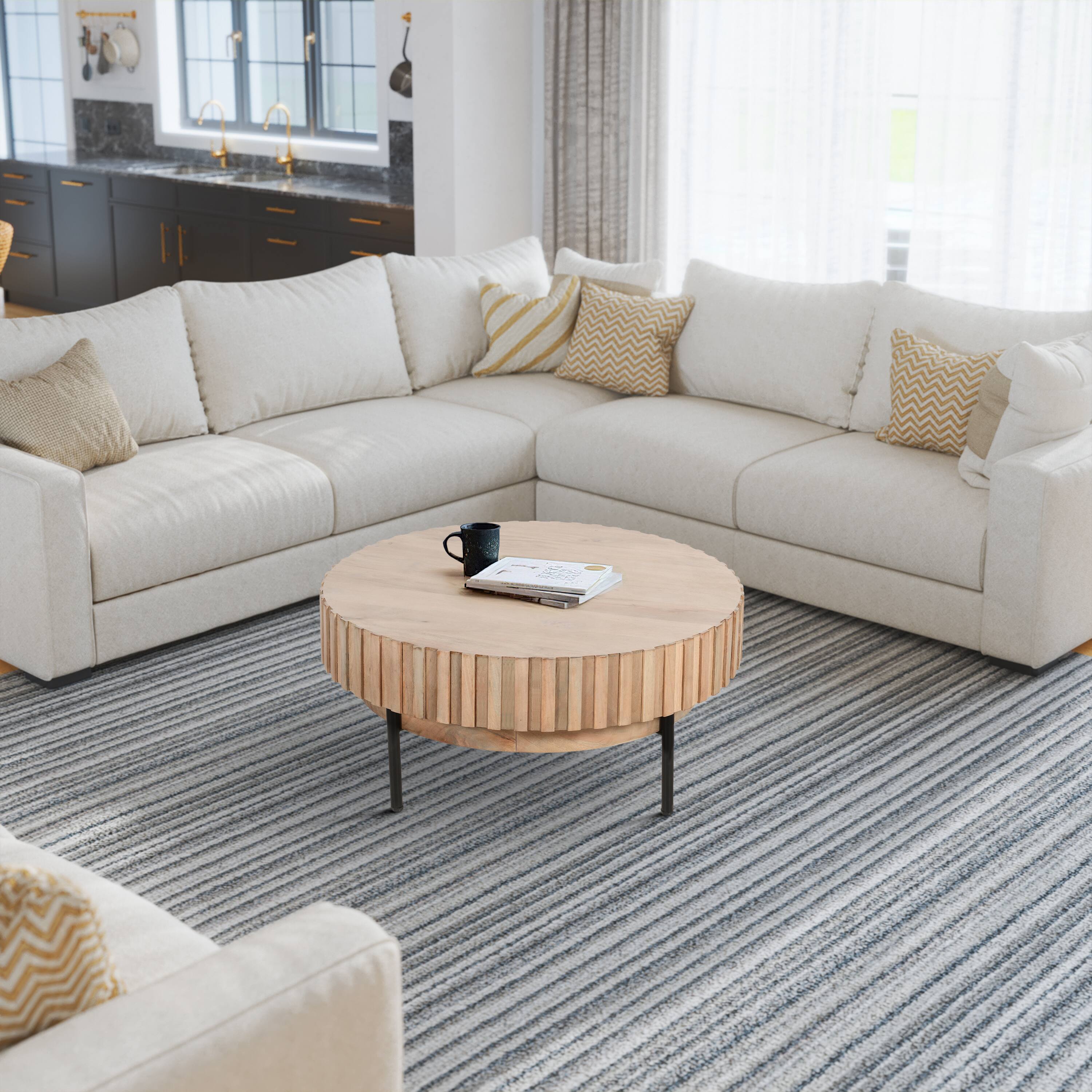 Alt View 10. Manhattan Lane - 36 Inch Modern Handcrafted Round Coffee Table, Oak White Wood Top with Grooved Edges, Black Iron Legs - Oak White, Black.