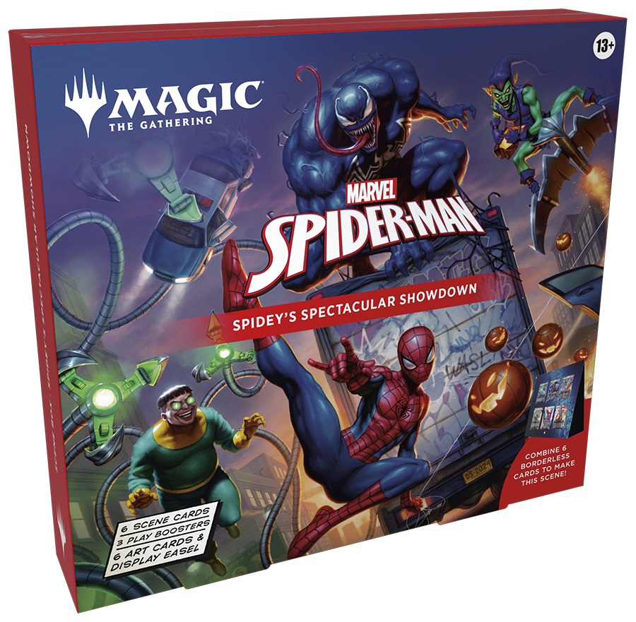 13+  
MAGIC THE GATHERING MARVEL SPIDER-MAN SHOWDOWN SPECTACULAR SPIDEY'S WASL  
DS-2024  
6 COMBINE BORDERLESS MAKE TO CARDS SCENE! THIS  
CARDS SCENE BOOSTERS 6 PLAY & 3 CARDS 6 ART EASEL DISPLAY